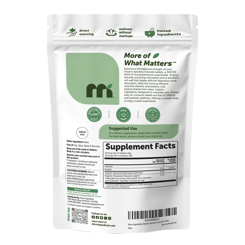 Micro Ingredients Organic Spirulina Chlorella Tablets, 720 Count | 4 Month Supply | 50/50 Algae Blend | Broken Cell Wall | Non-GMO, Filler Free - FENGGESTORE20