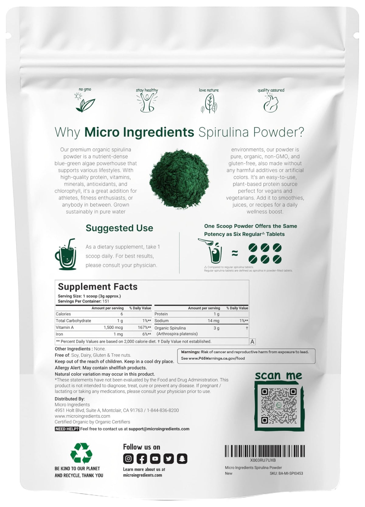 Micro Ingredients Organic Spirulina Powder, 1lb | Blue-Green Algae, Rich in Vegan Protein, Vitamins & Minerals | Source of Natural Chlorophyll & Enzymes - FENGGESTORE20