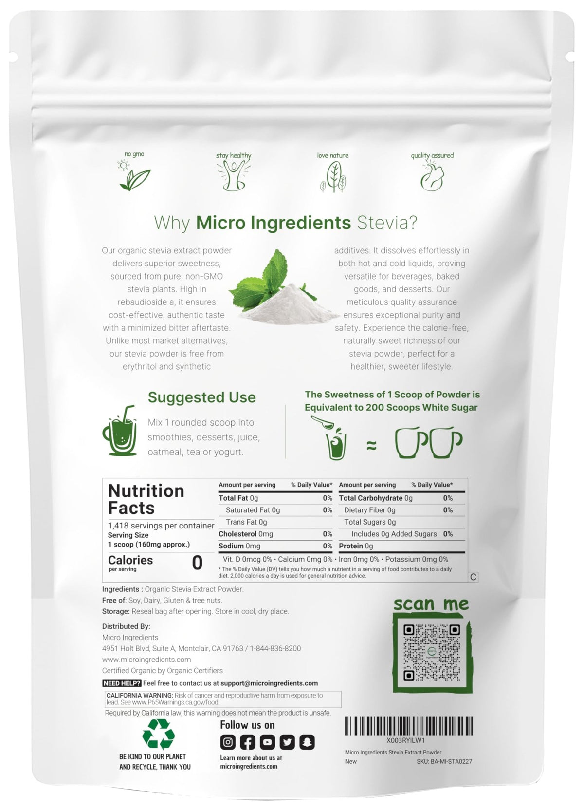 Micro Ingredients Pure Organic Stevia Powder, 8 Ounces, 1418 Serving, Highest Grade Stevia Green Leaf Extract Reb-A, Reduced Bitter Aftertaste, 0 Calorie, Natural Sweetener - FENGGESTORE20
