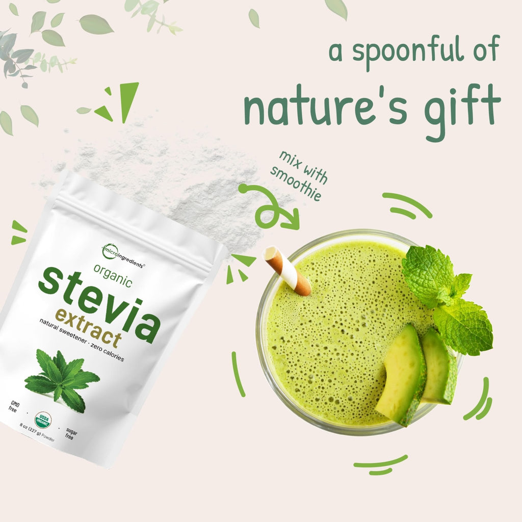 Micro Ingredients Pure Organic Stevia Powder, 8 Ounces, 1418 Serving, Highest Grade Stevia Green Leaf Extract Reb-A, Reduced Bitter Aftertaste, 0 Calorie, Natural Sweetener - FENGGESTORE20