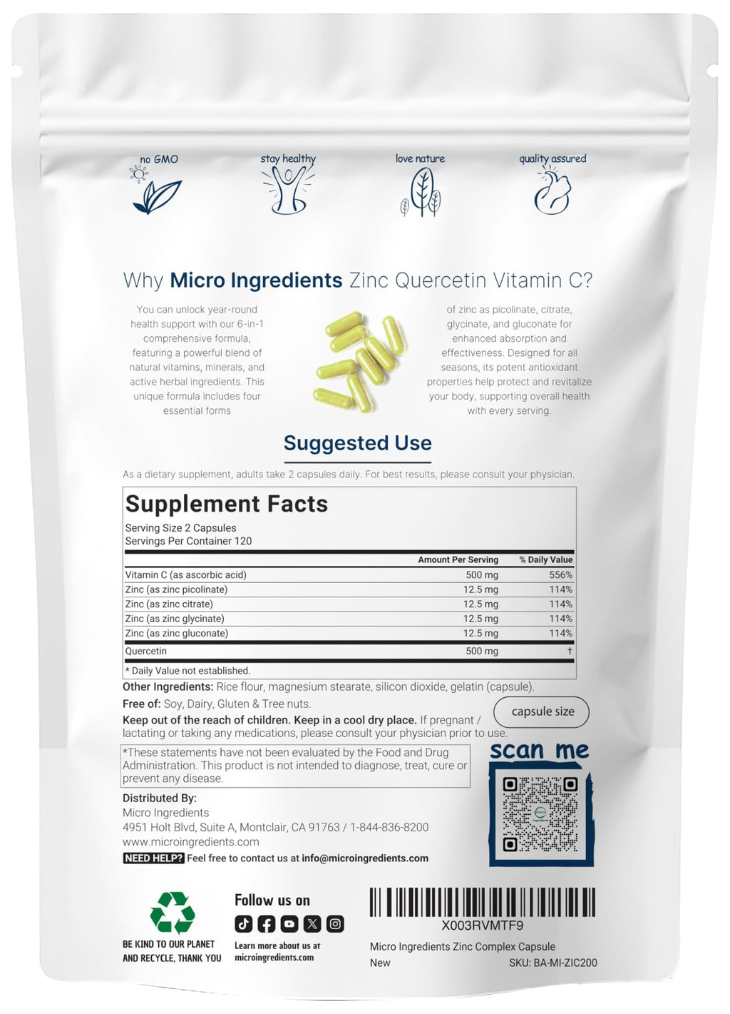 Micro Ingredients Quercetin with Vitamin C and Zinc, 240 Capsules | Quercetin 500mg, Vitamin C 500mg, Zinc 50mg (Picolinate, Citrate, Glycinate, Gluconate) - FENGGESTORE20