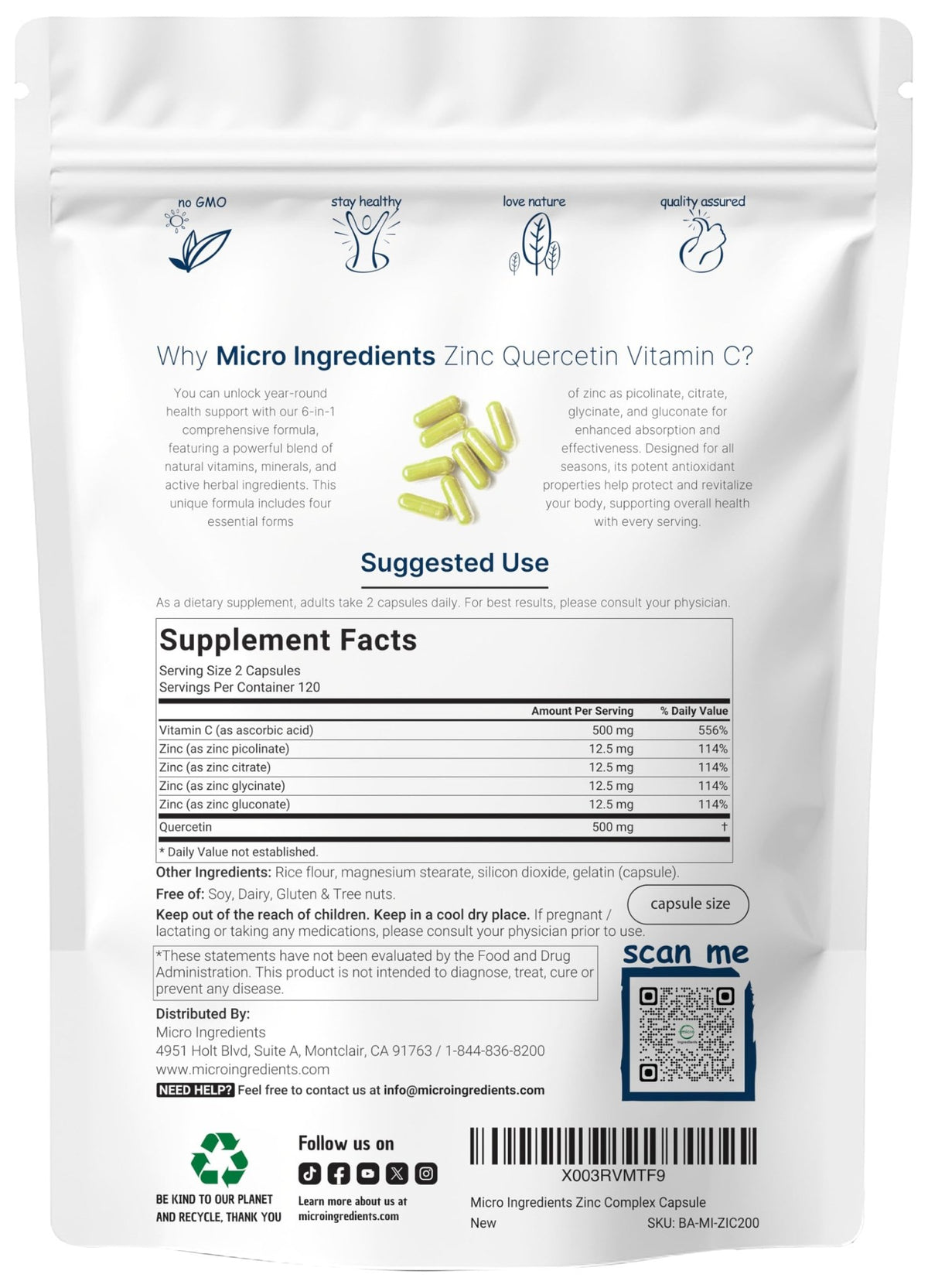 Micro Ingredients Quercetin with Vitamin C and Zinc, 240 Capsules | Quercetin 500mg, Vitamin C 500mg, Zinc 50mg (Picolinate, Citrate, Glycinate, Gluconate) - FENGGESTORE20