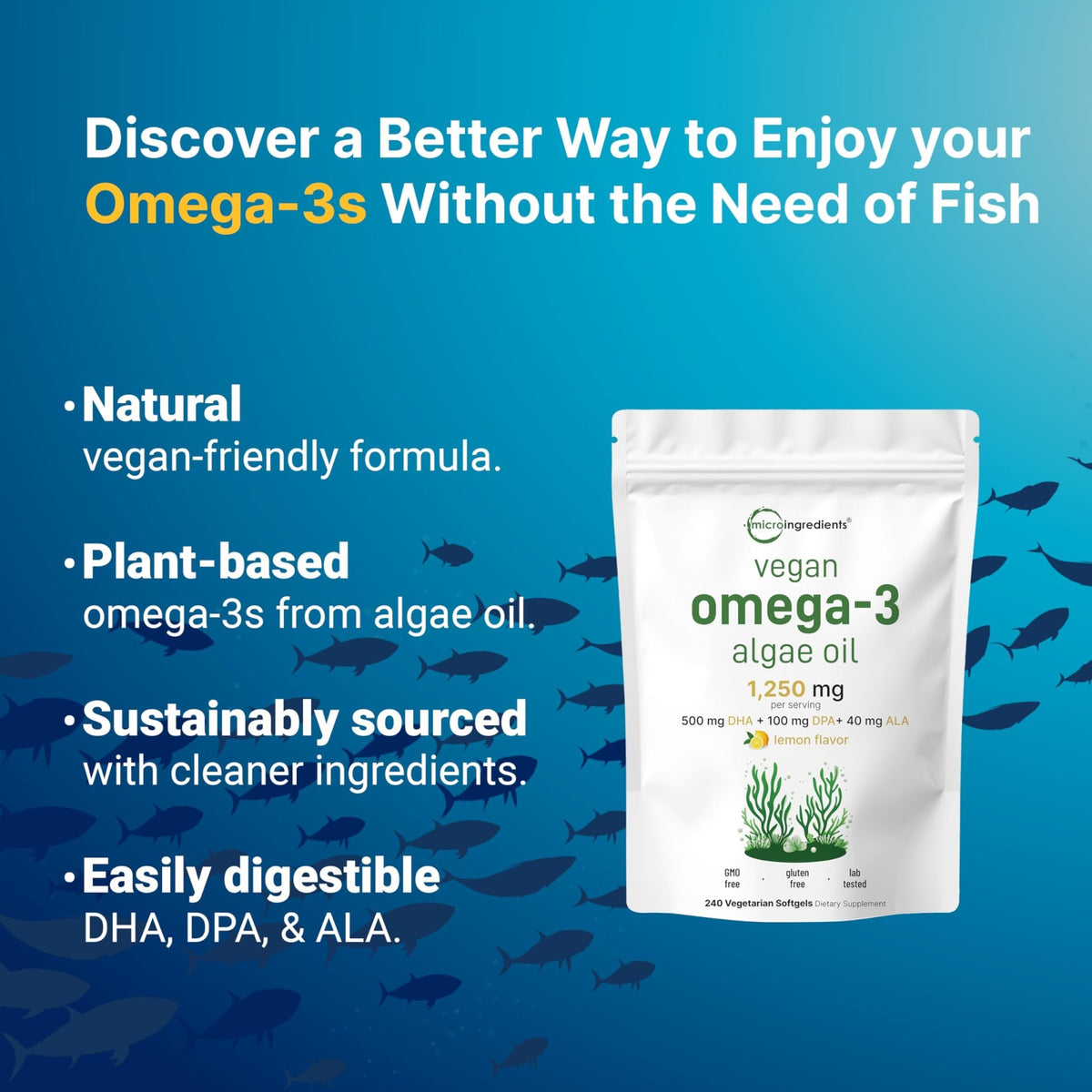 Micro Ingredients Vegan Omega 3 Algae Oil, 240 Veggie Softgels | Fish Oil Alternative | DHA 500mg & DPA 100mg | Carrageenan Free | Plant-Based Omega 3 - FENGGESTORE20