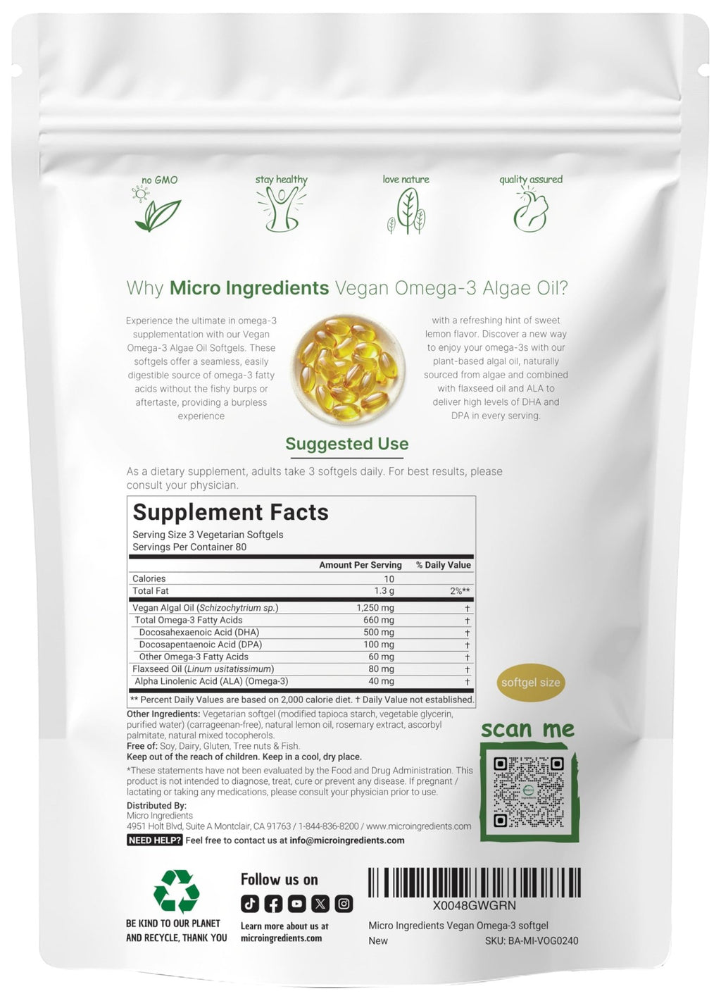 Micro Ingredients Vegan Omega 3 Algae Oil, 240 Veggie Softgels | Fish Oil Alternative | DHA 500mg & DPA 100mg | Carrageenan Free | Plant-Based Omega 3 - FENGGESTORE20