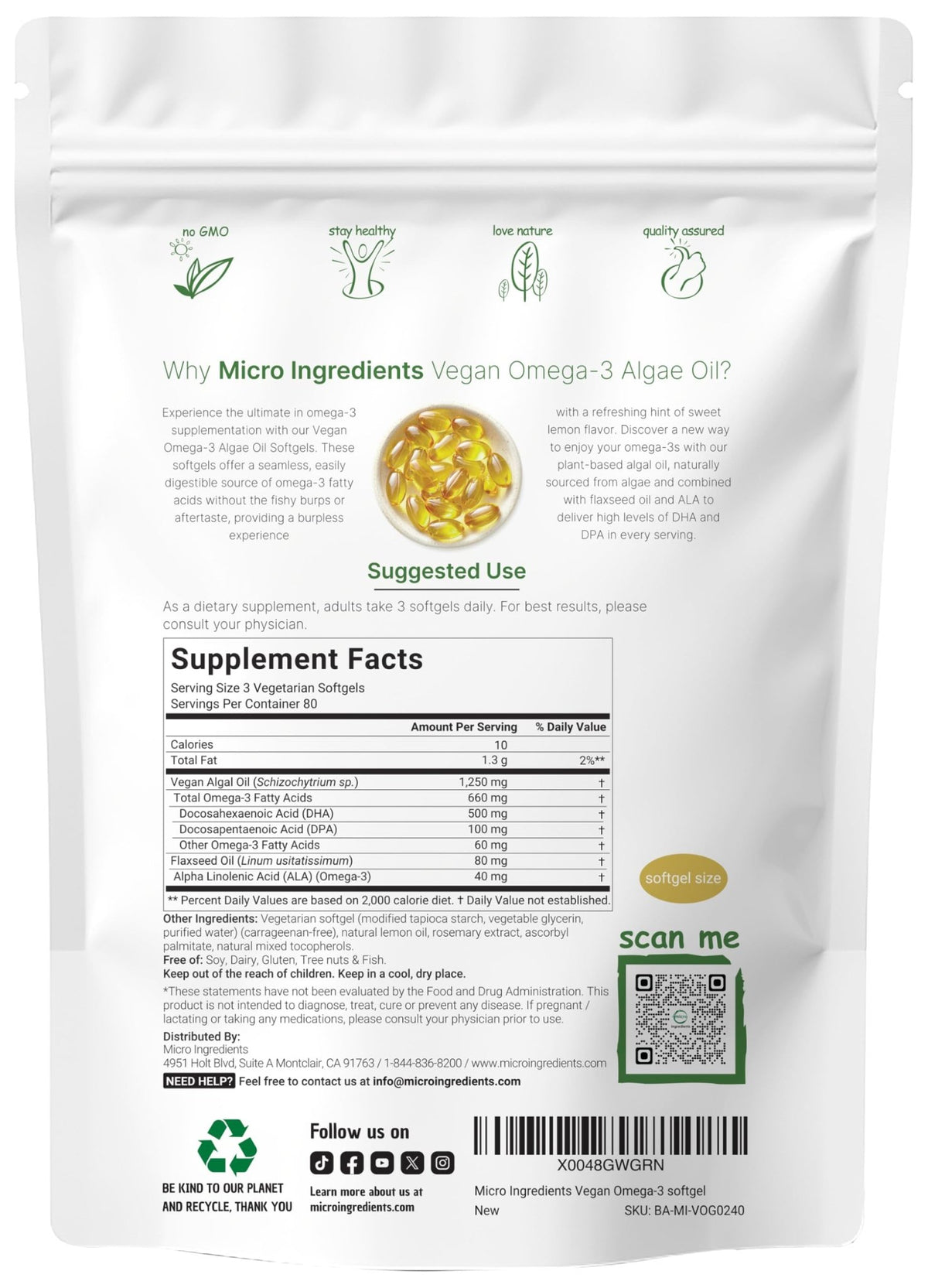Micro Ingredients Vegan Omega 3 Algae Oil, 240 Veggie Softgels | Fish Oil Alternative | DHA 500mg & DPA 100mg | Carrageenan Free | Plant-Based Omega 3 - FENGGESTORE20