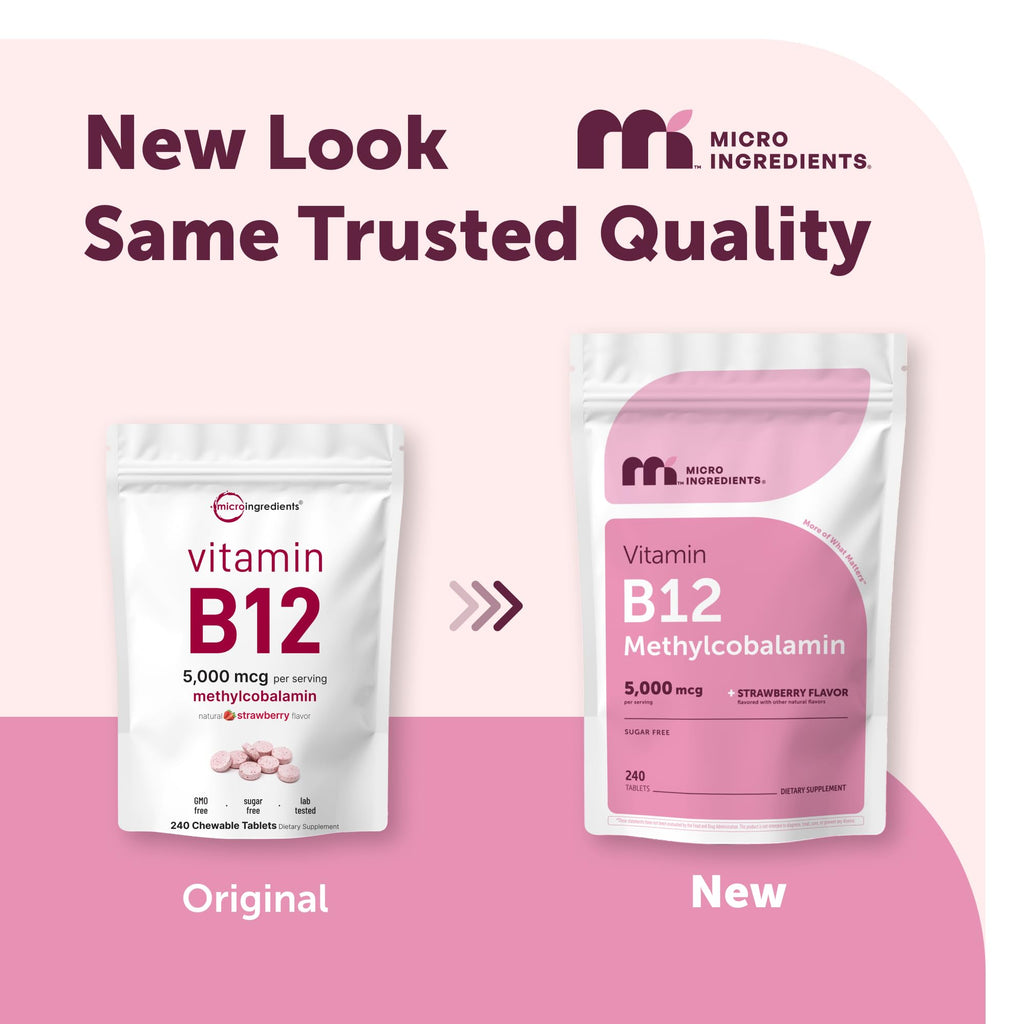 Micro Ingredients Vitamin B12 5,000 mcg | Methylcobalamin – 240 Chewable Tablets | Fast Dissolve, Natural Strawberry Flavor - FENGGESTORE20