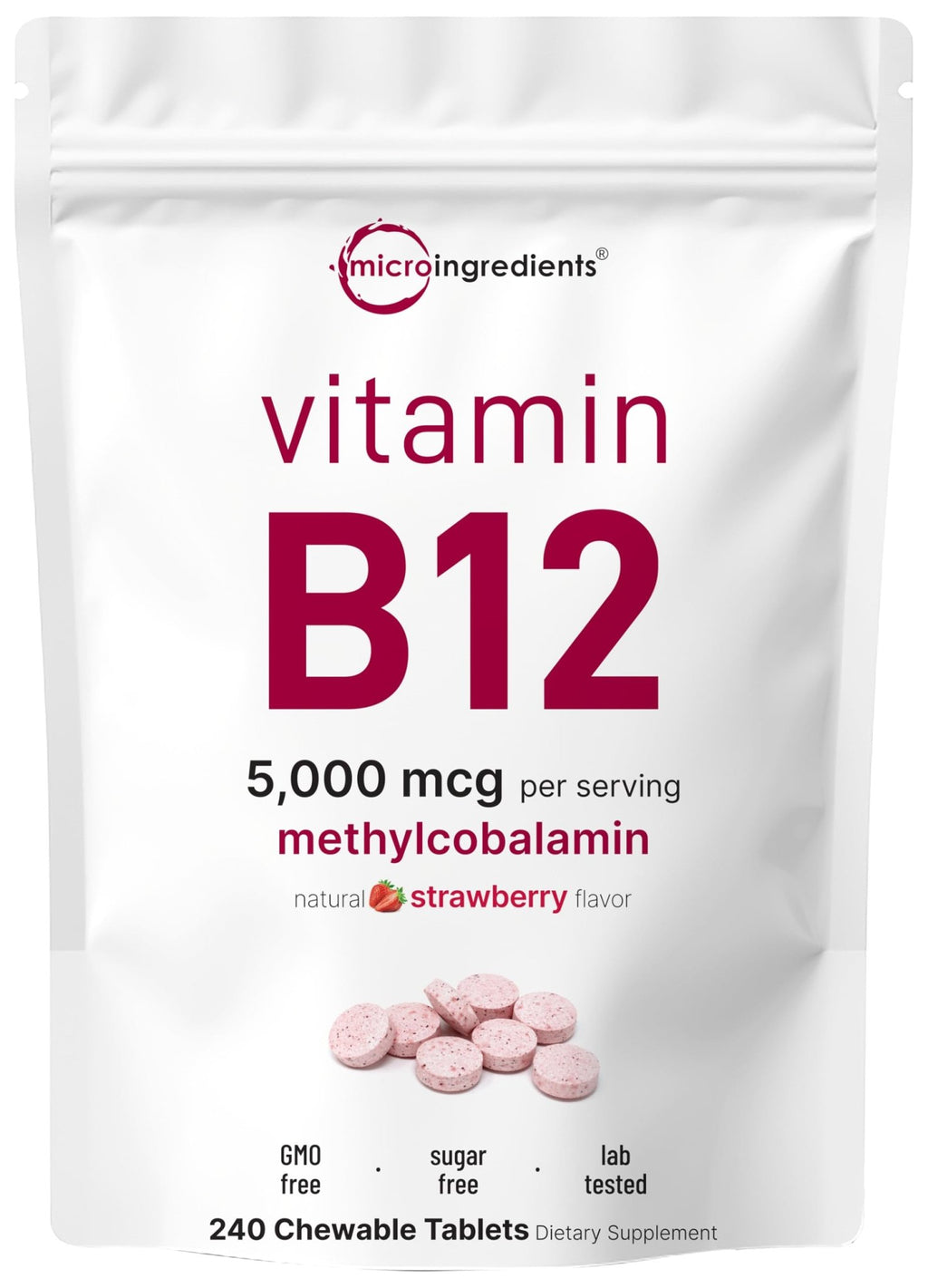 Micro Ingredients Vitamin B12 5,000 mcg | Methylcobalamin – 240 Chewable Tablets | Fast Dissolve, Natural Strawberry Flavor - FENGGESTORE20