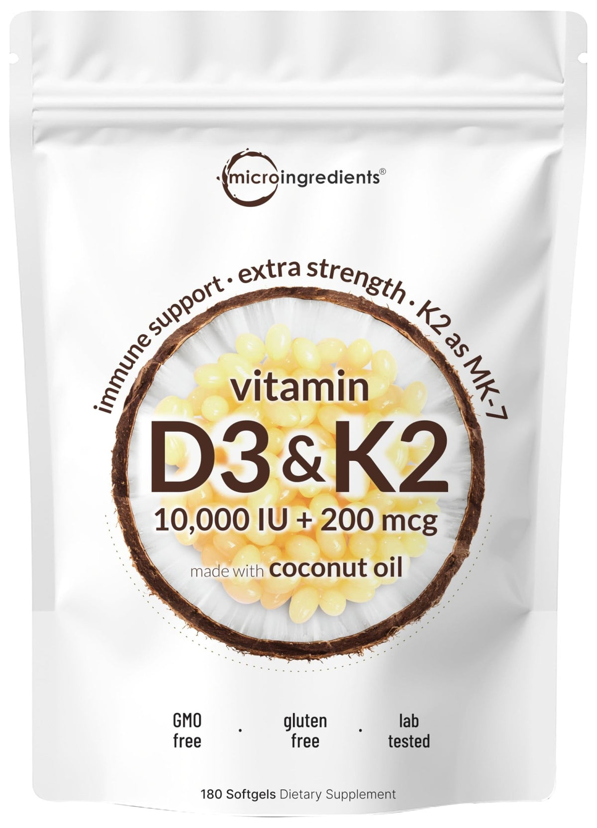 Micro Ingredients Vitamin D3 10,000 IU + K2 MK-7 200 mcg, 180 Softgels with Virgin Coconut Oil | 2-in-1 Vitamins D & K Complex - FENGGESTORE20