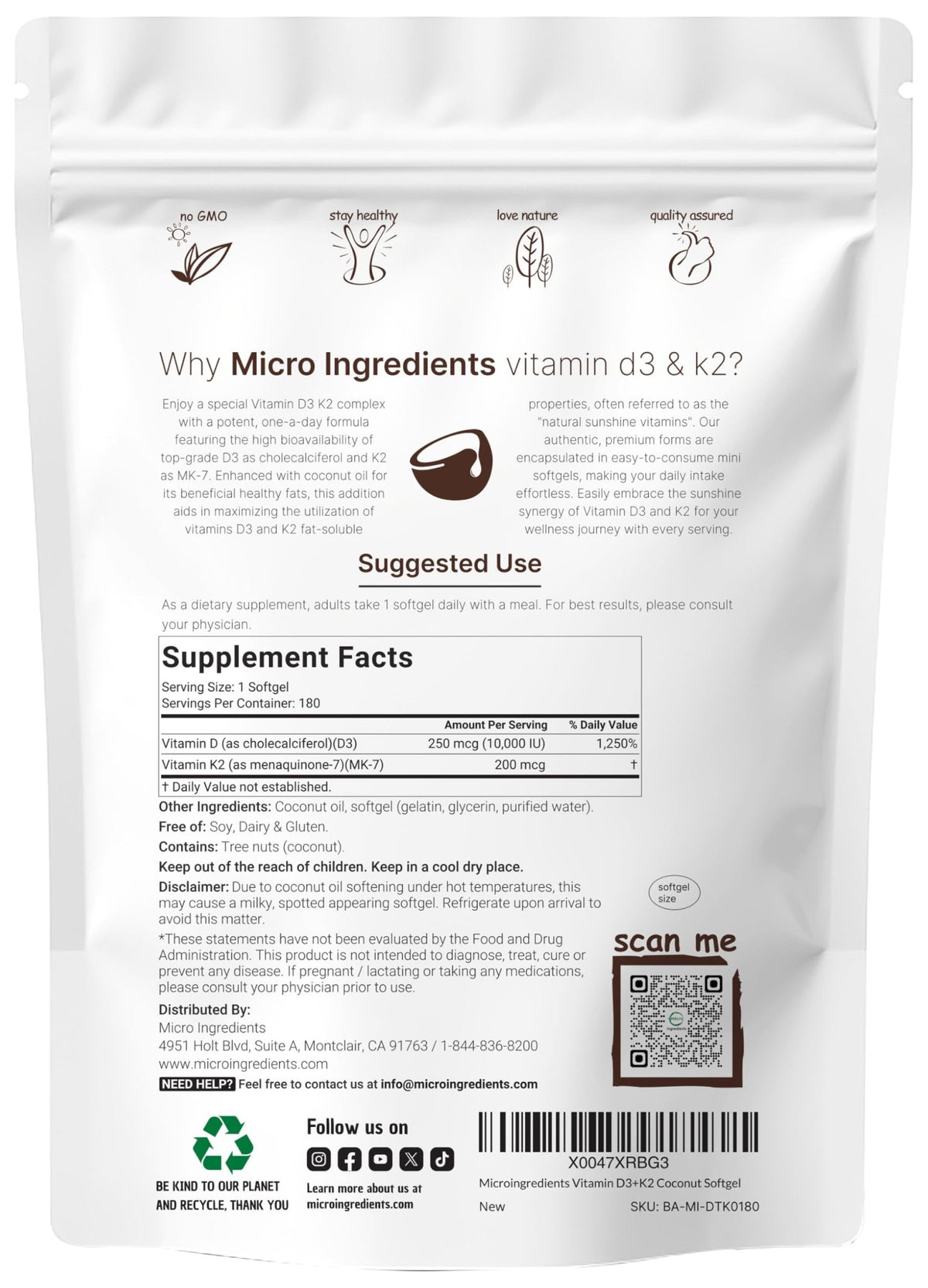 Micro Ingredients Vitamin D3 10,000 IU + K2 MK-7 200 mcg, 180 Softgels with Virgin Coconut Oil | 2-in-1 Vitamins D & K Complex - FENGGESTORE20