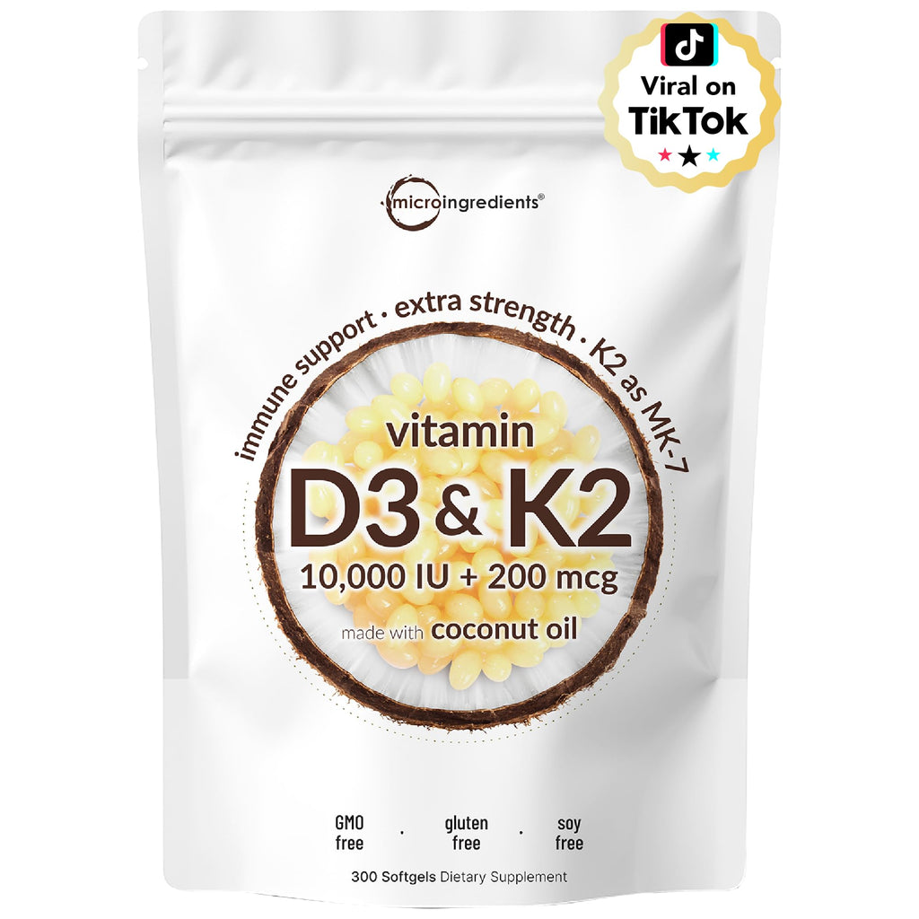 Micro Ingredients Vitamin D3 10,000 IU + K2 MK-7 200 mcg, 300 Softgels with Virgin Coconut Oil | 2-in-1 Vitamins D & K Complex - FENGGESTORE20