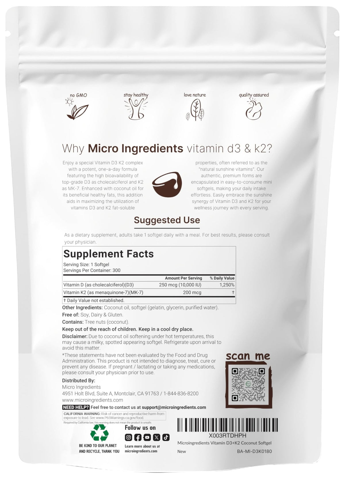Micro Ingredients Vitamin D3 10,000 IU + K2 MK-7 200 mcg, 300 Softgels with Virgin Coconut Oil | 2-in-1 Vitamins D & K Complex - FENGGESTORE20
