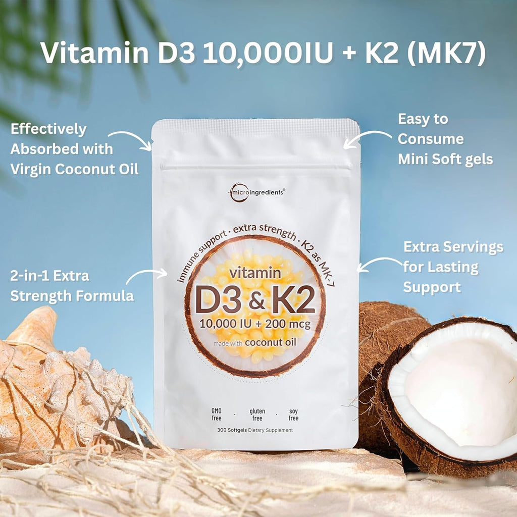 Micro Ingredients Vitamin D3 10,000 IU + K2 MK-7 200 mcg, 300 Softgels with Virgin Coconut Oil | 2-in-1 Vitamins D & K Complex - FENGGESTORE20