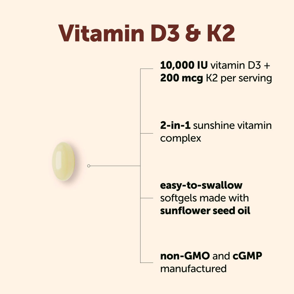 Micro Ingredients Vitamin D3 10,000 IU + K2 MK-7 200 mcg Per Serving, 90 Softgels | Extra Strength* 2-in-1 D3 K2 Supplement - FENGGESTORE20