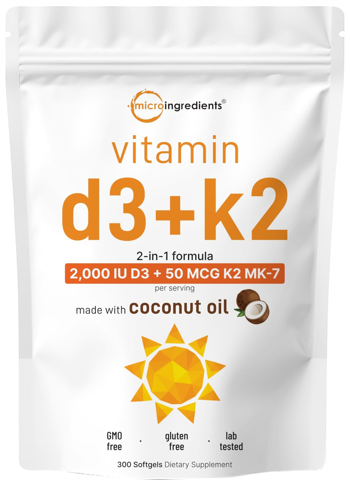 Micro Ingredients Vitamin D3 2,000 IU + K2 MK-7 50 mcg, 300 Softgels | Virgin Coconut Oil | 2-in-1 Support | Easy to Swallow, Non-GMO - FENGGESTORE20