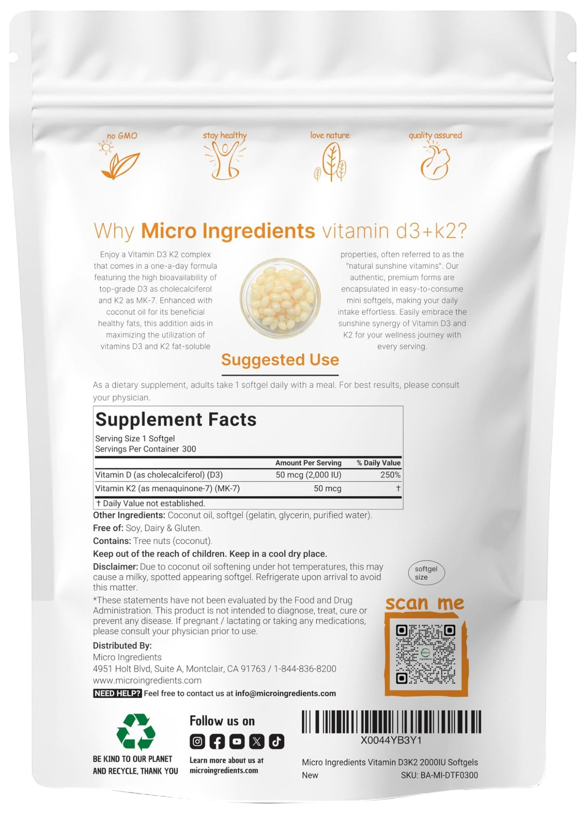 Micro Ingredients Vitamin D3 2,000 IU + K2 MK-7 50 mcg, 300 Softgels | Virgin Coconut Oil | 2-in-1 Support | Easy to Swallow, Non-GMO - FENGGESTORE20