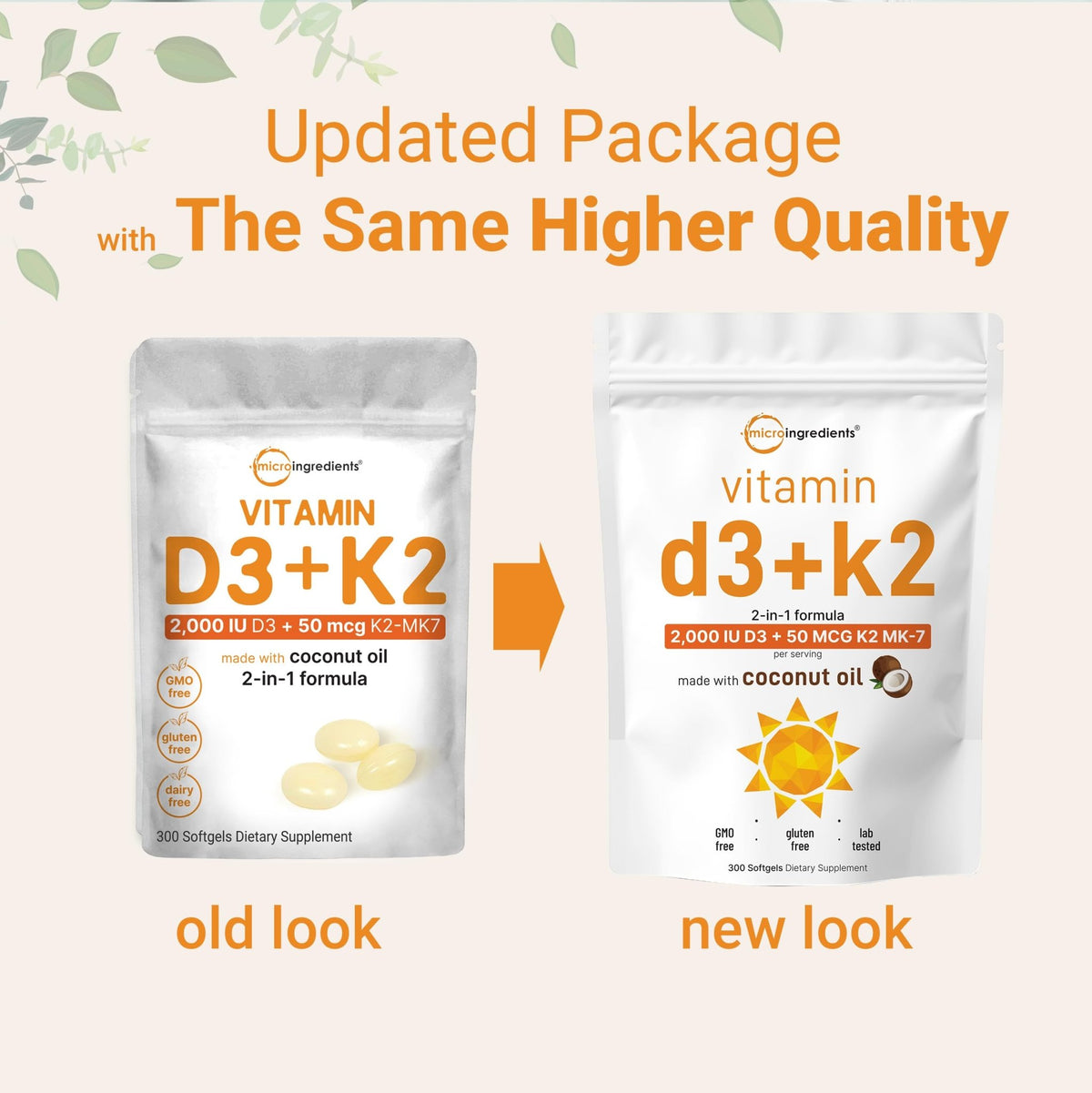 Micro Ingredients Vitamin D3 2,000 IU + K2 MK-7 50 mcg, 300 Softgels | Virgin Coconut Oil | 2-in-1 Support | Easy to Swallow, Non-GMO - FENGGESTORE20