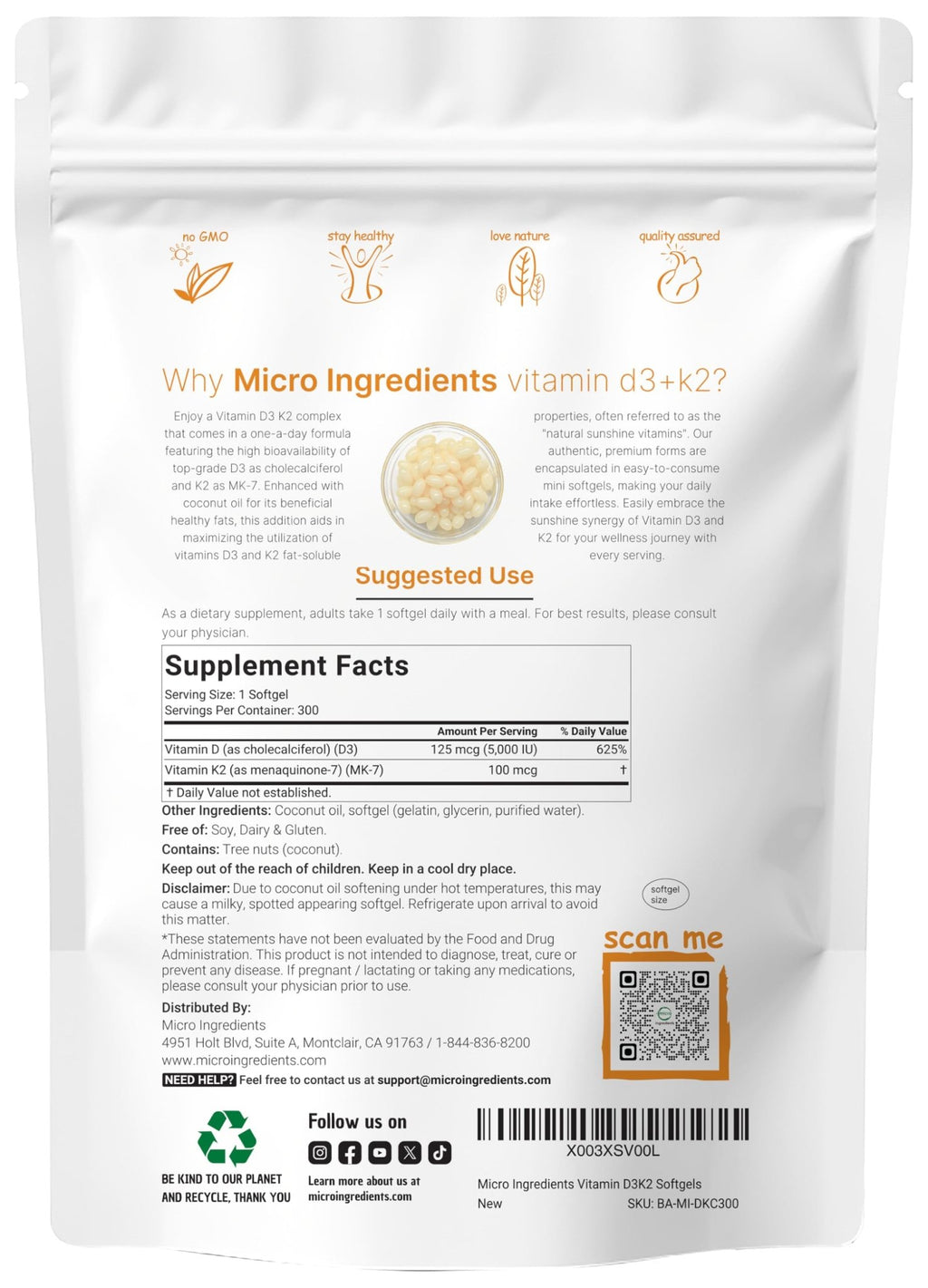 Micro Ingredients Vitamin D3 5,000 IU + K2 MK-7 100 mcg, 300 Softgels | Virgin Coconut Oil | 2-in-1 Support - FENGGESTORE20