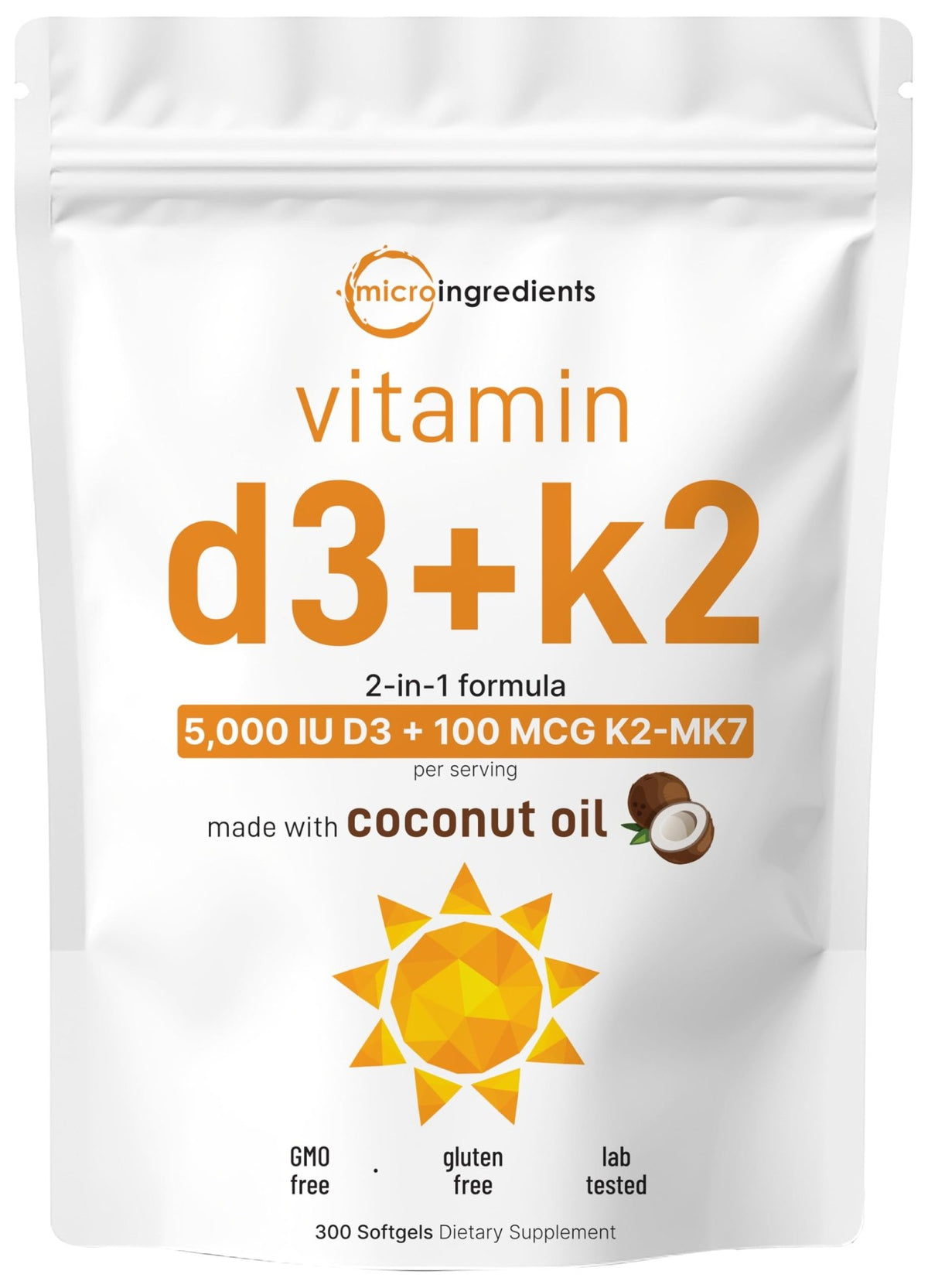 Micro Ingredients Vitamin D3 5,000 IU + K2 MK-7 100 mcg, 300 Softgels | Virgin Coconut Oil | 2-in-1 Support - FENGGESTORE20