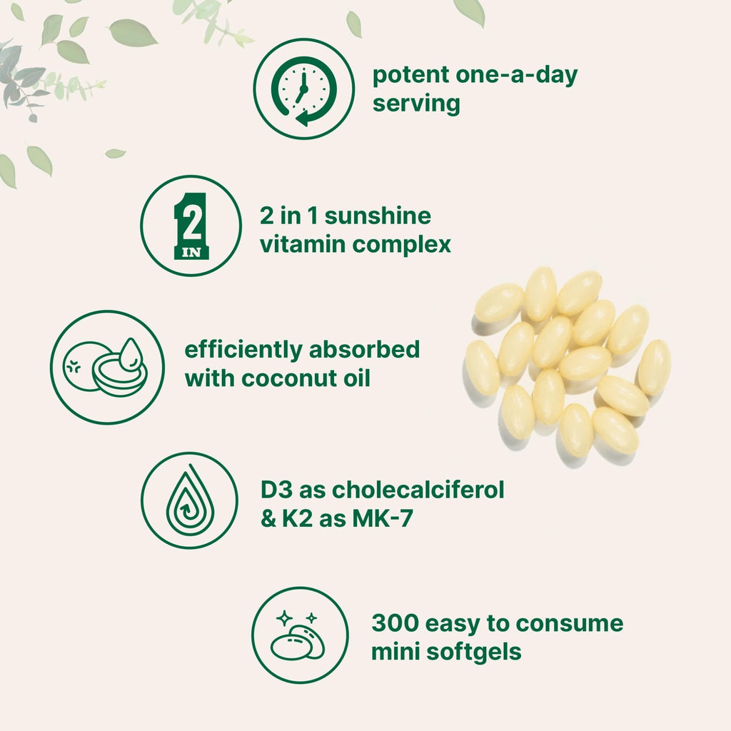 Micro Ingredients Vitamin D3 5,000 IU + K2 MK-7 100 mcg, 300 Softgels | Virgin Coconut Oil | 2-in-1 Support - FENGGESTORE20