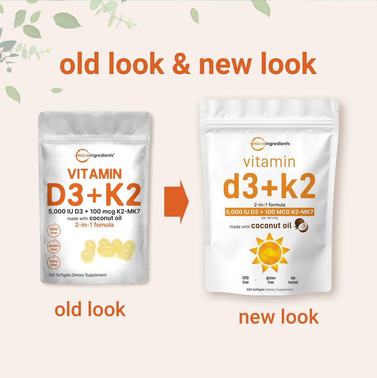 Micro Ingredients Vitamin D3 5,000 IU + K2 MK-7 100 mcg, 300 Softgels | Virgin Coconut Oil | 2-in-1 Support - FENGGESTORE20