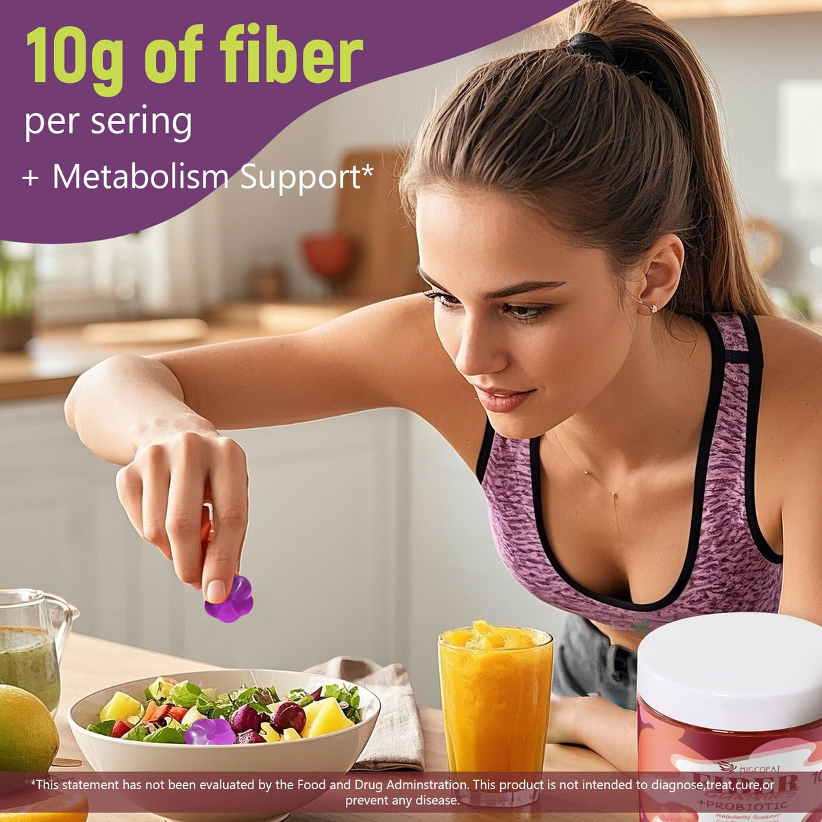 Migcopat 10G Fiber Gummies for Adults, No Sugar Added Grape Flavor, Fiber Supplement with 30 Billion CFU Probiotics Blend, ACV, Vitamin C, - FENGGESTORE20
