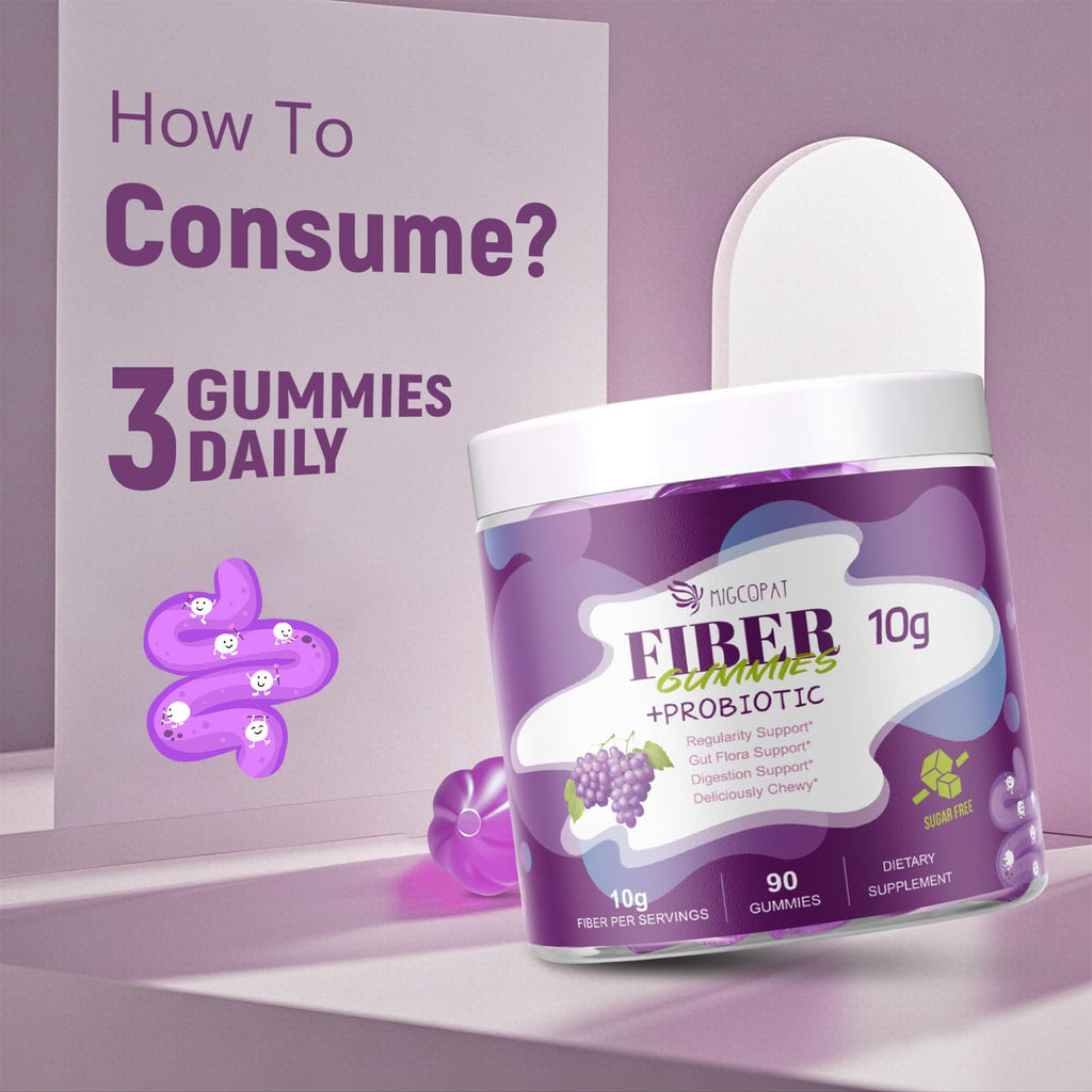 Migcopat 10G Fiber Gummies for Adults, No Sugar Added Grape Flavor, Fiber Supplement with 30 Billion CFU Probiotics Blend, ACV, Vitamin C, - FENGGESTORE20
