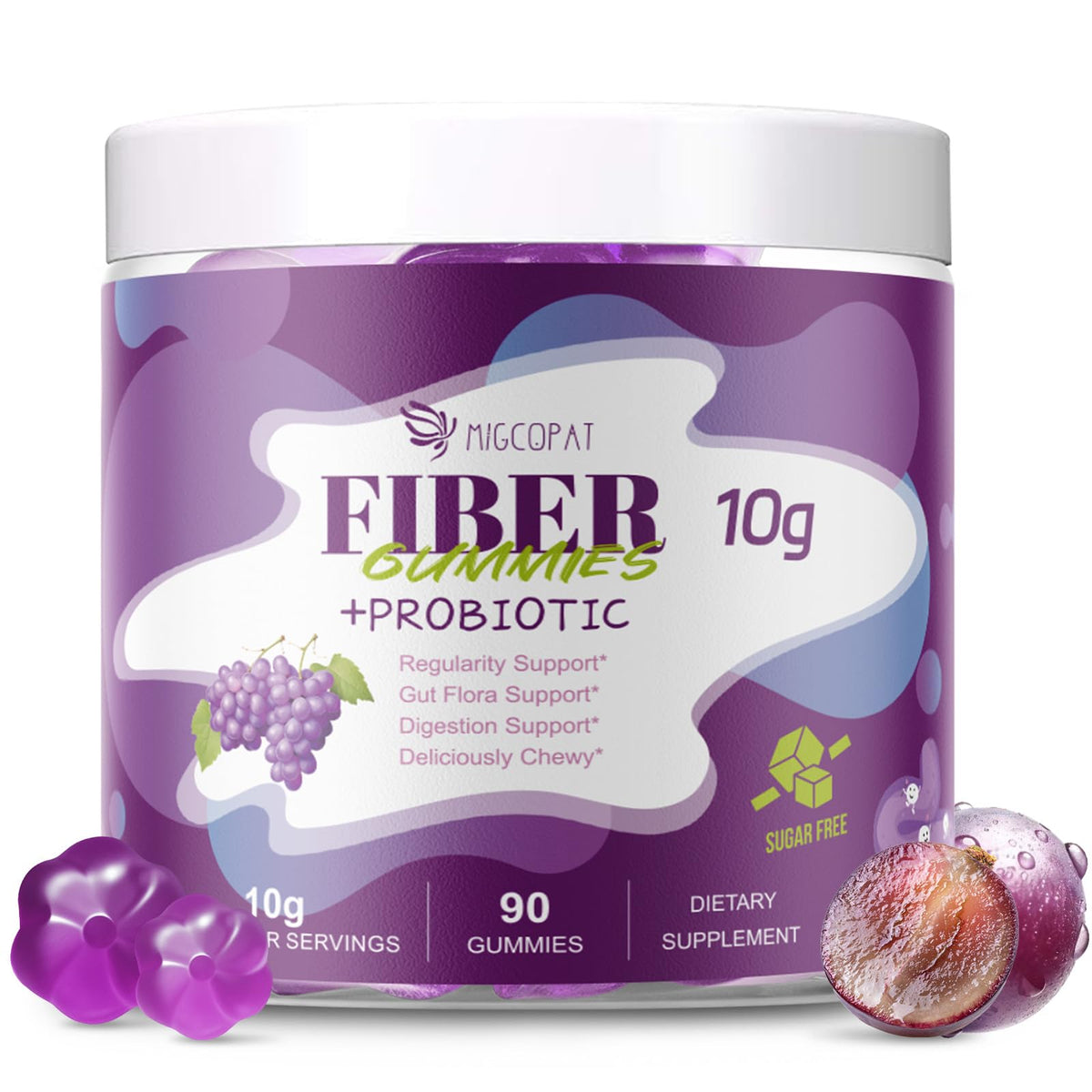 Migcopat 10G Fiber Gummies for Adults, No Sugar Added Grape Flavor, Fiber Supplement with 30 Billion CFU Probiotics Blend, ACV, Vitamin C, - FENGGESTORE20