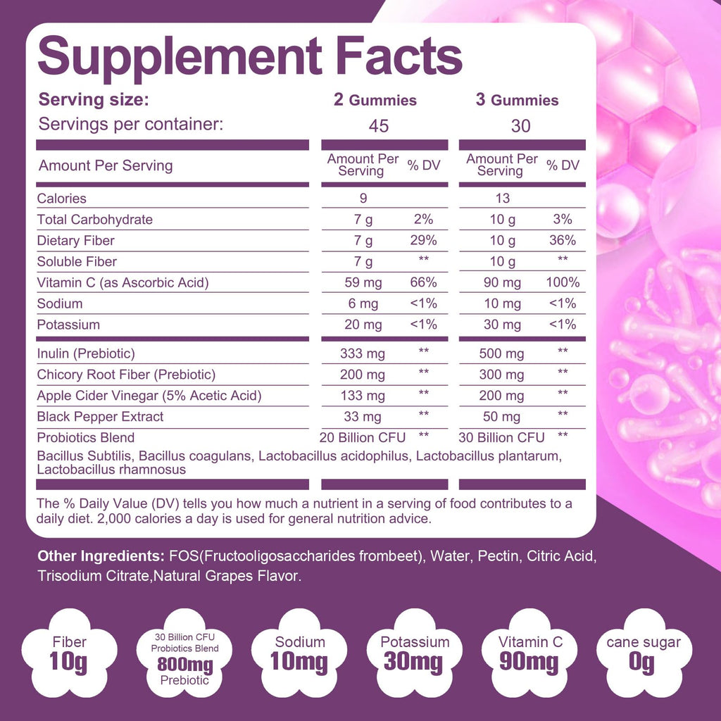 Migcopat 10G Fiber Gummies for Adults, No Sugar Added Grape Flavor, Fiber Supplement with 30 Billion CFU Probiotics Blend, ACV, Vitamin C, - FENGGESTORE20