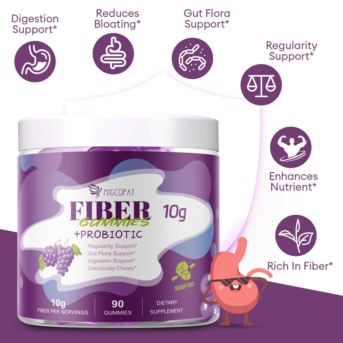 Migcopat 10G Fiber Gummies for Adults, No Sugar Added Grape Flavor, Fiber Supplement with 30 Billion CFU Probiotics Blend, ACV, Vitamin C, - FENGGESTORE20