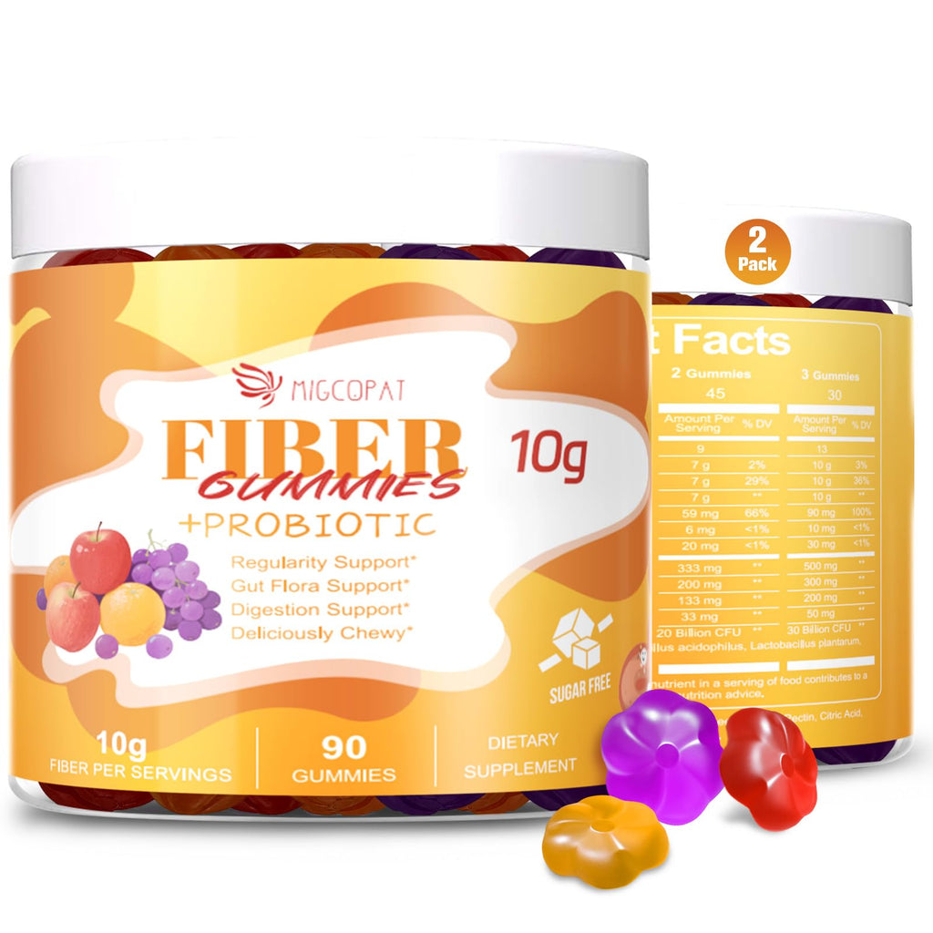 Migcopat 10G Fiber Gummies for Adults - Support Digestive Health - Fiber Supplement with 30 Billion CFU Probiotics Blend, ACV, Vitamin C, Inulin - No Sugar Added - Fruit Flavored - 180 Count - FENGGESTORE20