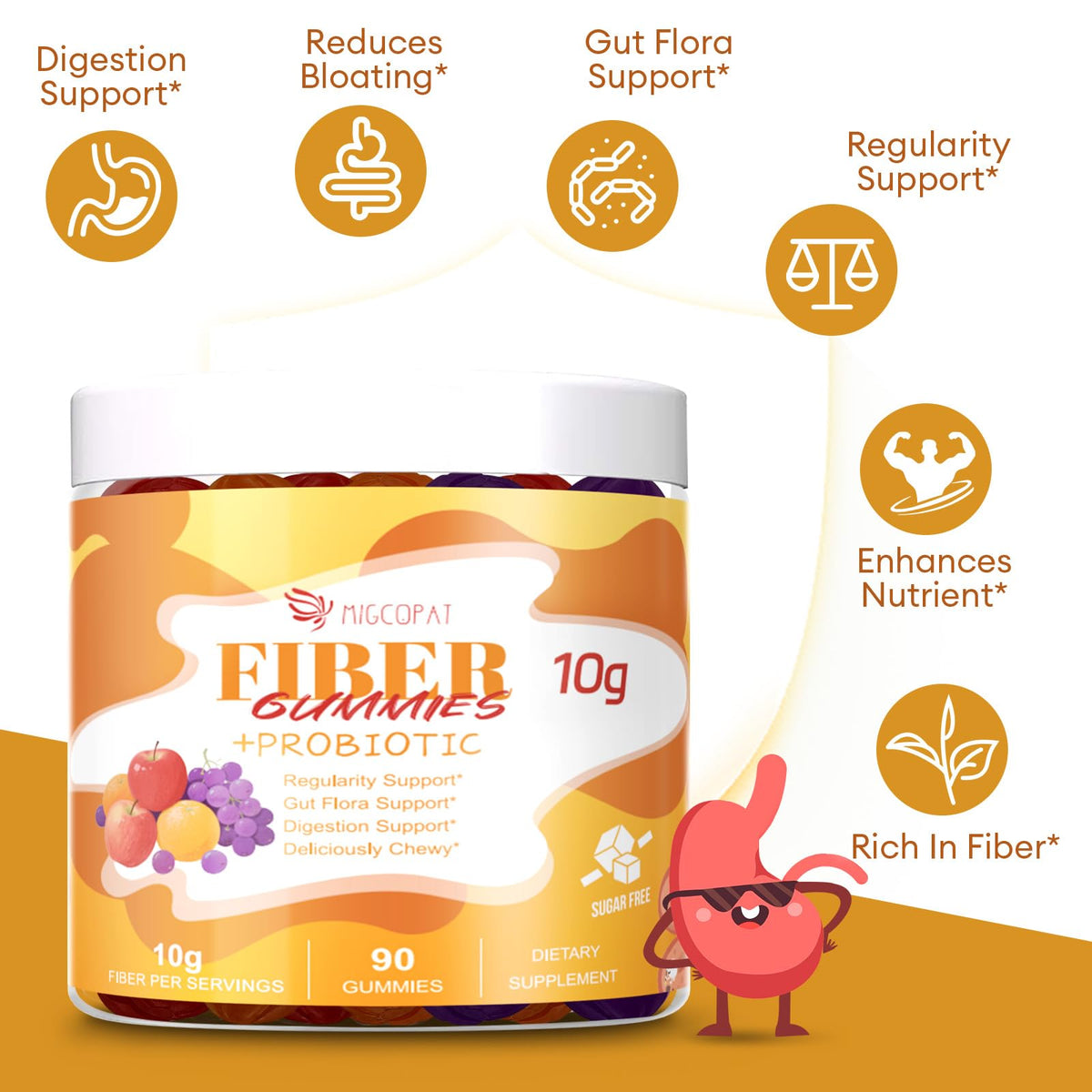 Migcopat 10G Fiber Gummies for Adults - Support Digestive Health - Fiber Supplement with 30 Billion CFU Probiotics Blend, ACV, Vitamin C, Inulin - No Sugar Added - Fruit Flavored - 180 Count - FENGGESTORE20