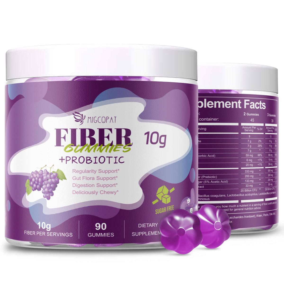Migcopat 10G Fiber Gummies with 30 Billion CFU Probiotics, Grape Flavor, Bloating Support, Fiber Supplement with Vitamin C, - FENGGESTORE20