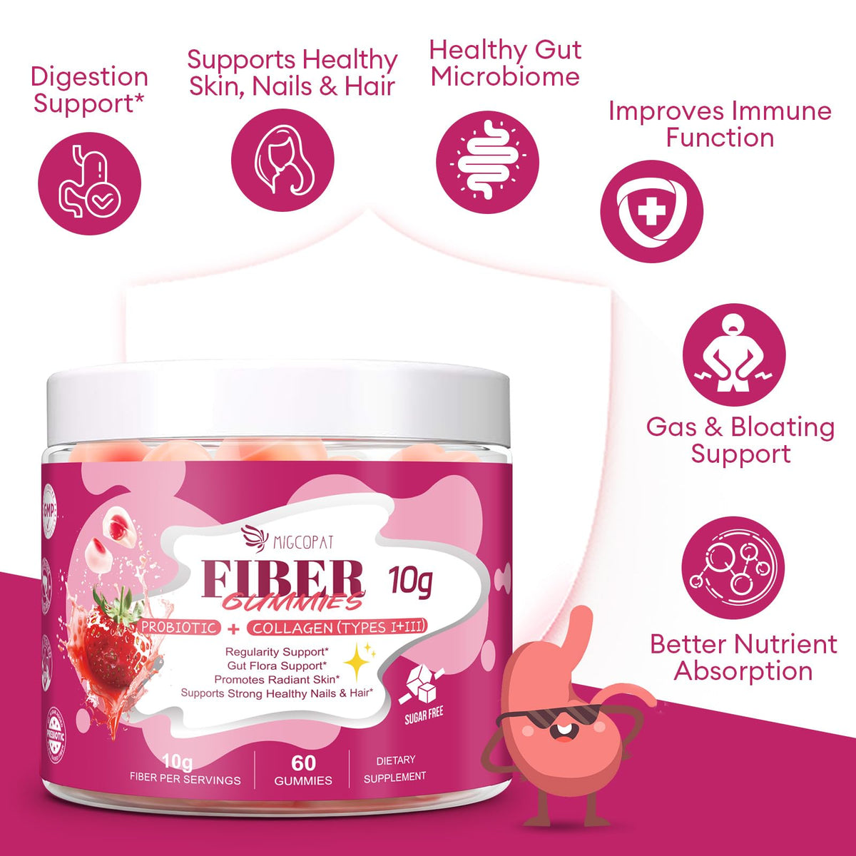 Migcopat 10G Fiber Gummies with Collagen Peptides, Hyaluronic Acid, Vitamin C, ACV, 30 Billion CFU Probiotics – Sugar Free Collagen Gummy for Skin, Hair & Nails – Digestive Health Support – 60 Cts - FENGGESTORE20