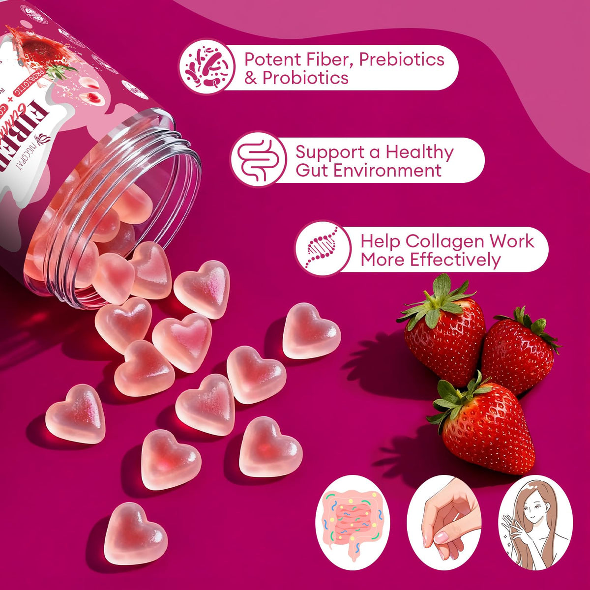 Migcopat 10G Fiber Gummies with Collagen Peptides, Hyaluronic Acid, Vitamin C, ACV, 30 Billion CFU Probiotics – Sugar Free Collagen Gummy for Skin, Hair & Nails – Digestive Health Support – 60 Cts - FENGGESTORE20