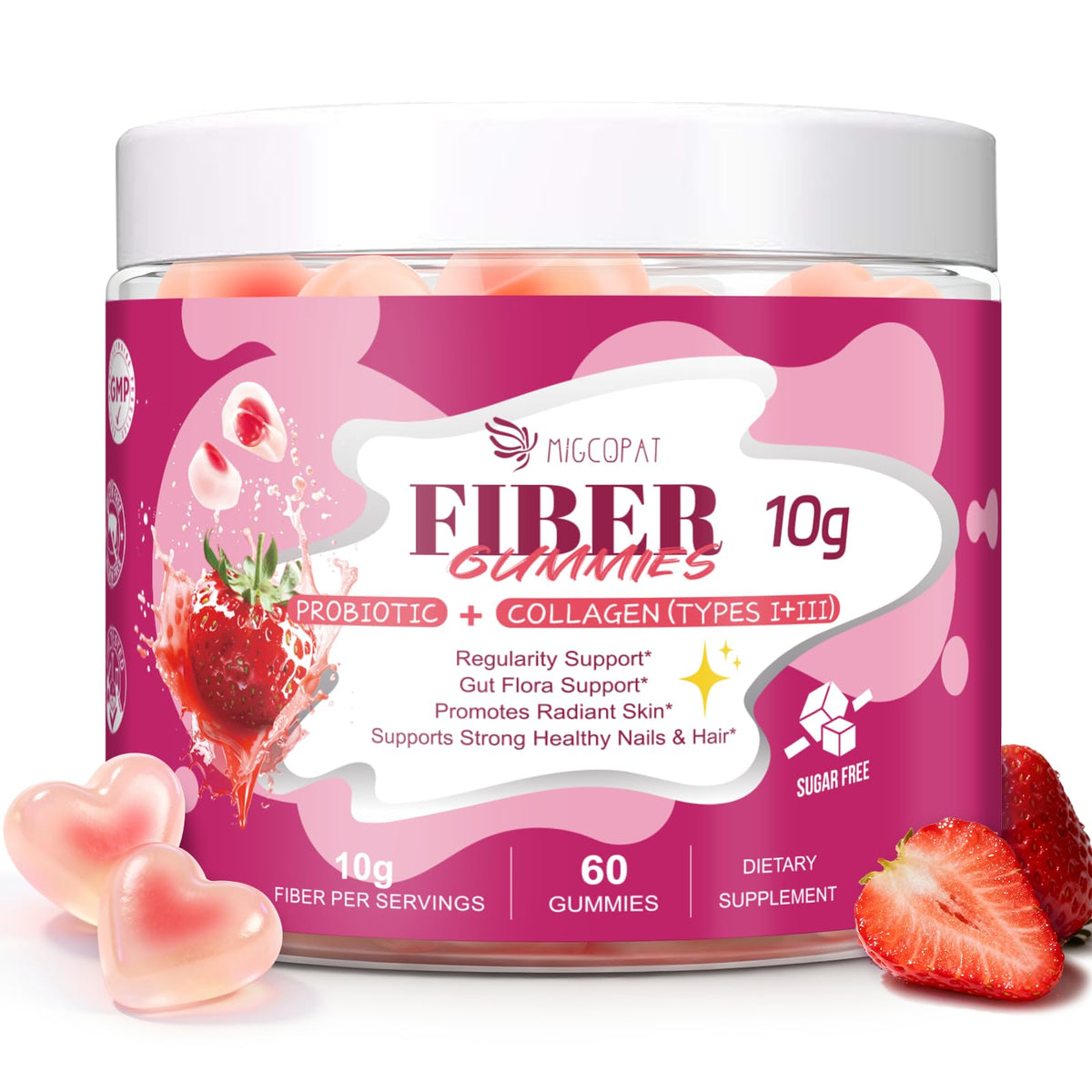 Migcopat 10G Fiber Gummies with Collagen Peptides, Hyaluronic Acid, Vitamin C, ACV, 30 Billion CFU Probiotics – Sugar Free Collagen Gummy for Skin, Hair & Nails – Digestive Health Support – 60 Cts - FENGGESTORE20