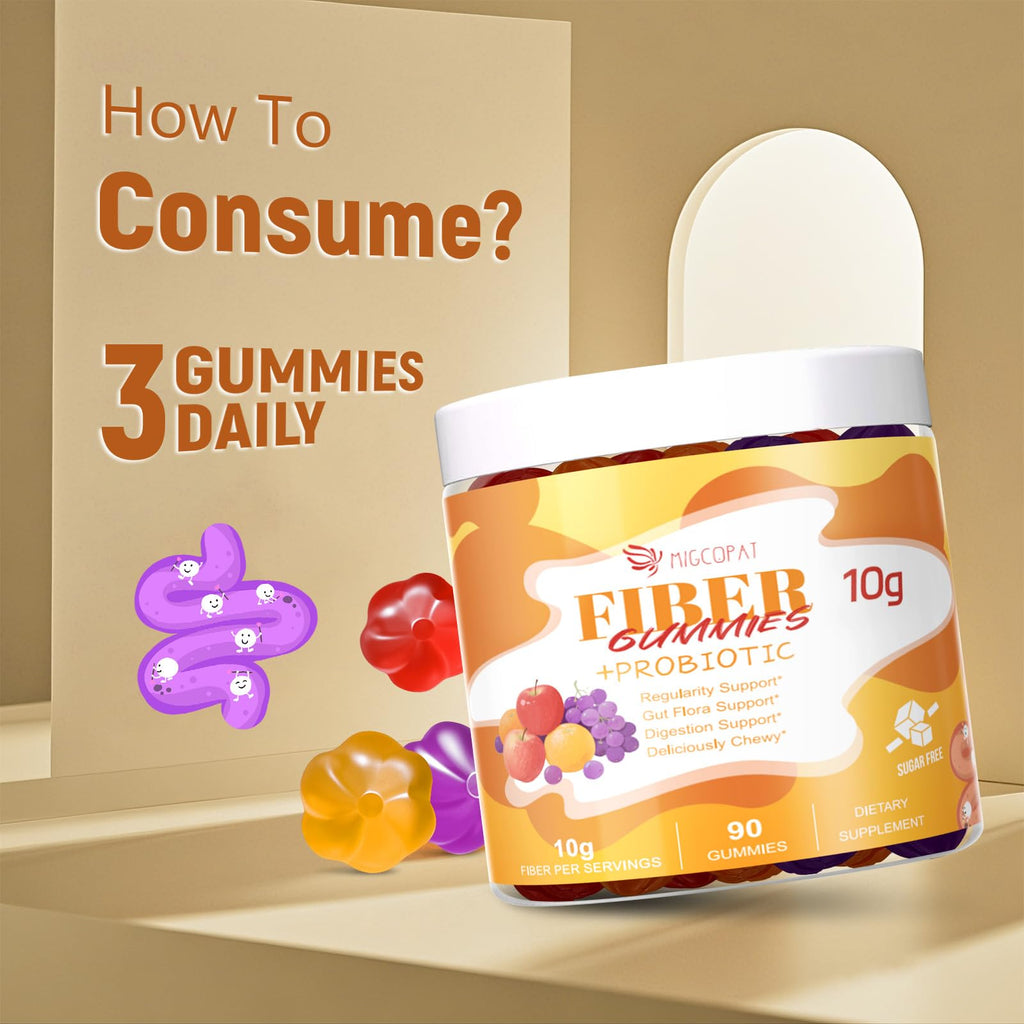 Migcopat 10G Fiber Gummies with Probiotics, Fiber Supplement with 30 Billion CFU Probiotics Blend, ACV, Vitamin C, Inulin - Support Digestive Health - FENGGESTORE20