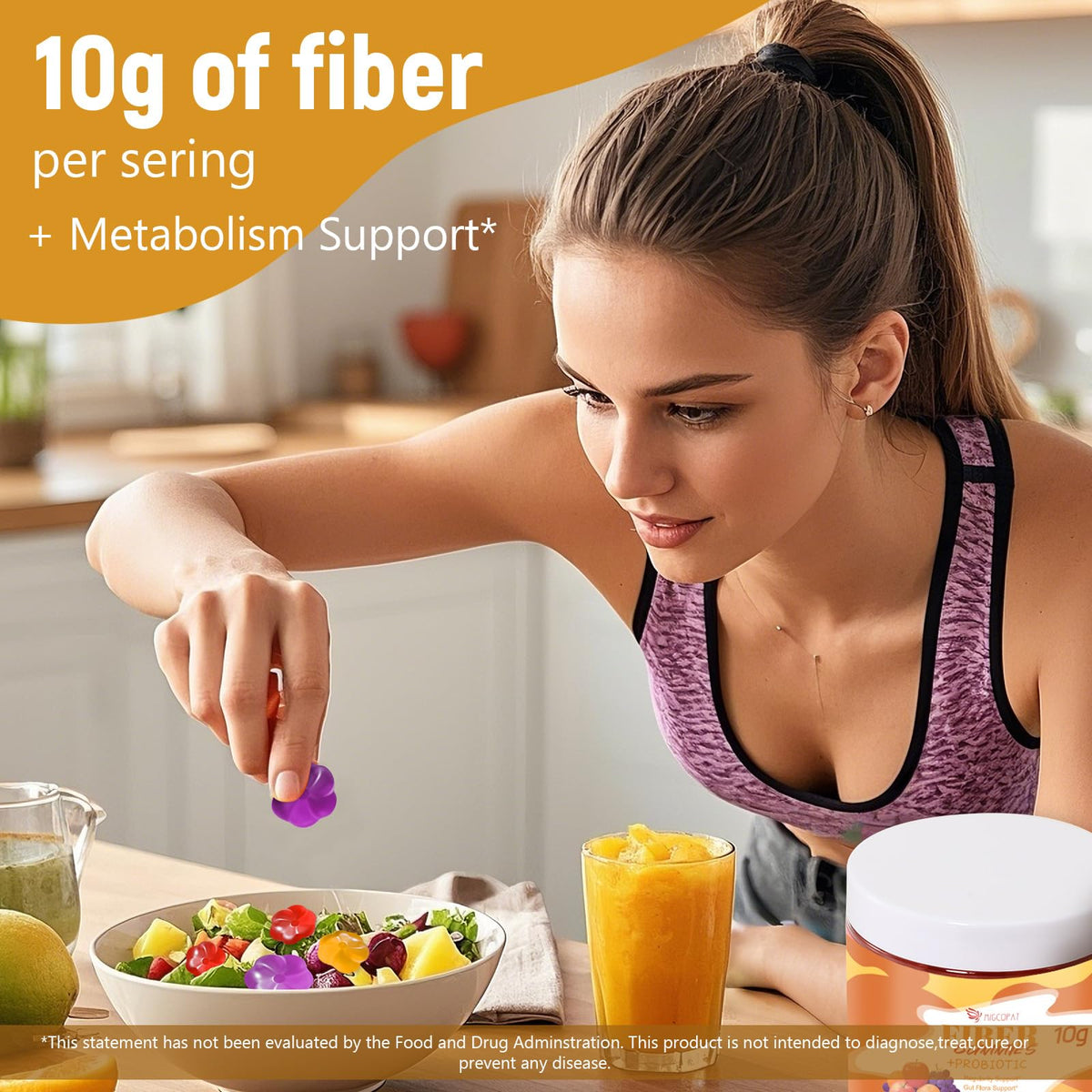 Migcopat 10G Fiber Gummies with Probiotics, Fiber Supplement with 30 Billion CFU Probiotics Blend, ACV, Vitamin C, Inulin - Support Digestive Health - FENGGESTORE20