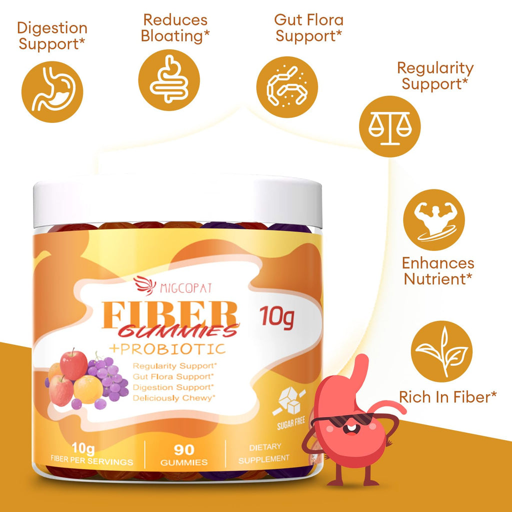 Migcopat 10G Fiber Gummies with Probiotics, Fiber Supplement with 30 Billion CFU Probiotics Blend, ACV, Vitamin C, Inulin - Support Digestive Health - FENGGESTORE20