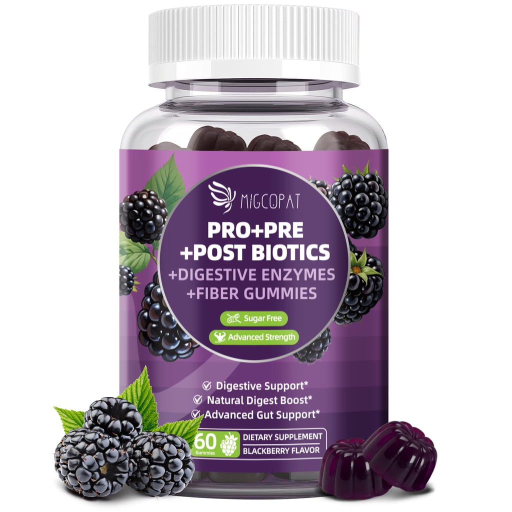 Migcopat Pre Post Probiotics Gummies, Probiotic Prebiotic Postbiotic Digestive Enzymes with Fiber, 120 Billion CFU Probiotics Complete Gut Support, Sugar Free - FENGGESTORE20