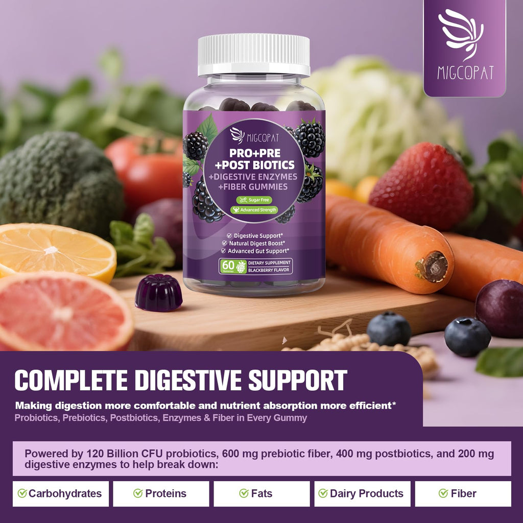 Migcopat Pre Post Probiotics Gummies, Probiotic Prebiotic Postbiotic Digestive Enzymes with Fiber, 120 Billion CFU Probiotics Complete Gut Support, Sugar Free - FENGGESTORE20