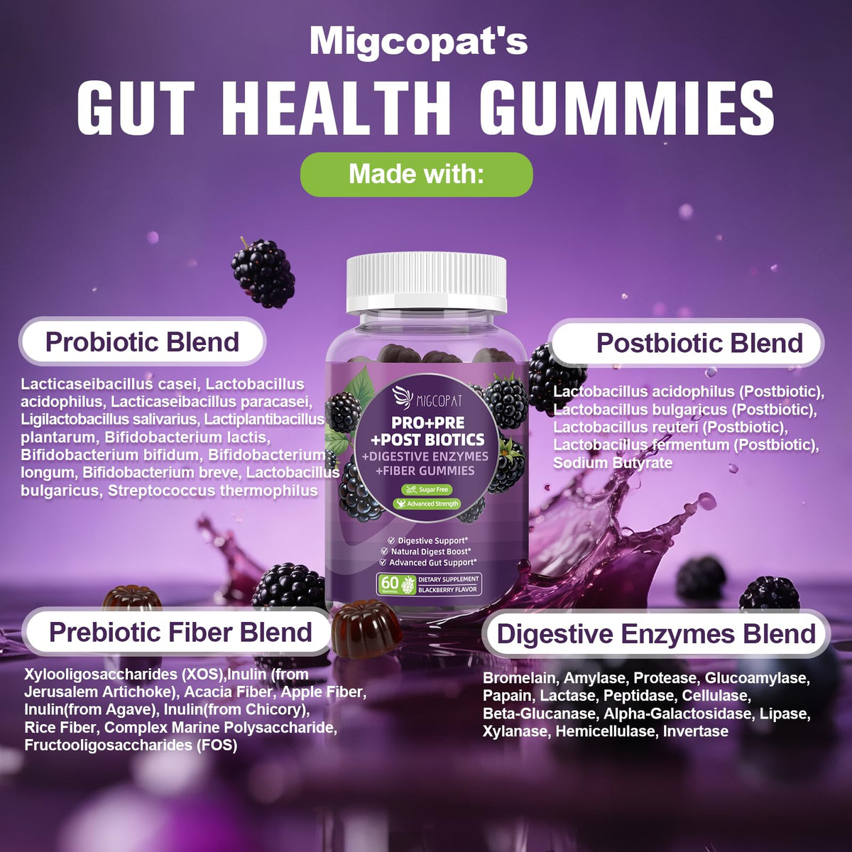 Migcopat Pre Post Probiotics Gummies, Probiotic Prebiotic Postbiotic Digestive Enzymes with Fiber, 120 Billion CFU Probiotics Complete Gut Support, Sugar Free - FENGGESTORE20
