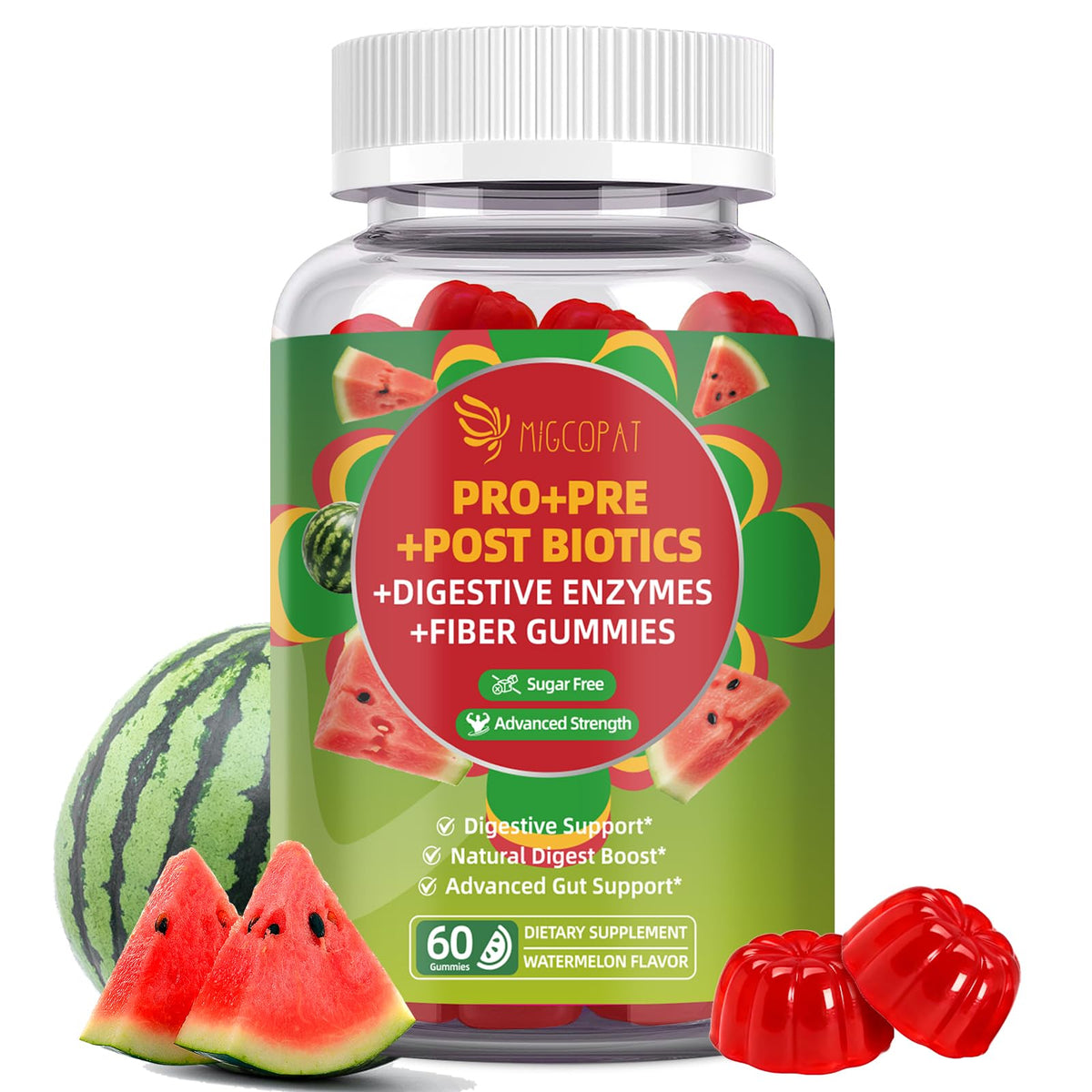 Migcopat Pre Post Probiotics Gummies, Probiotic Prebiotic Postbiotic Digestive Enzymes with Fiber, 120 Billion CFU Probiotics - Digestive Health - FENGGESTORE20