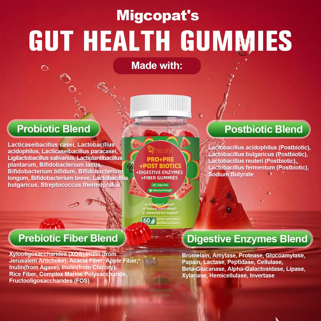 Migcopat Pre Post Probiotics Gummies, Probiotic Prebiotic Postbiotic Digestive Enzymes with Fiber, 120 Billion CFU Probiotics - Digestive Health - FENGGESTORE20