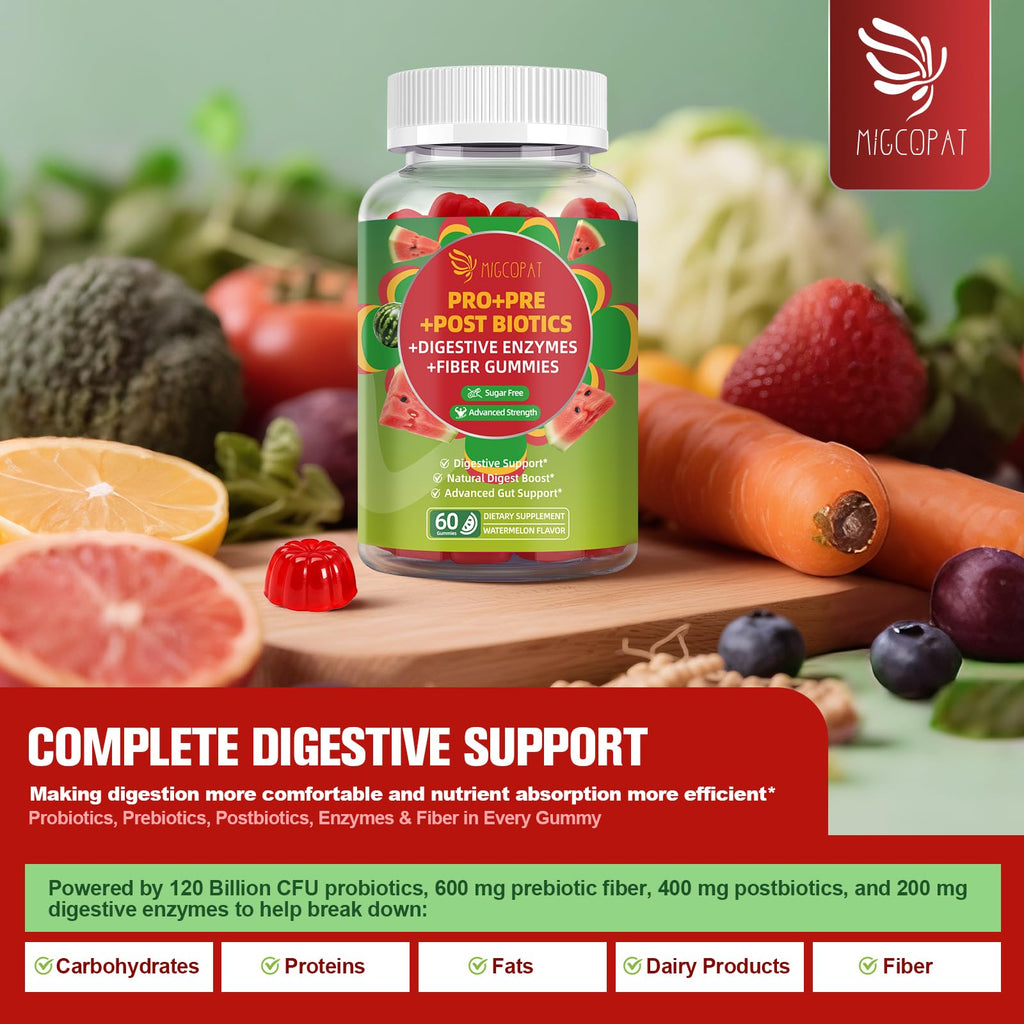 Migcopat Pre Post Probiotics Gummies, Probiotic Prebiotic Postbiotic Digestive Enzymes with Fiber, 120 Billion CFU Probiotics - Digestive Health - FENGGESTORE20