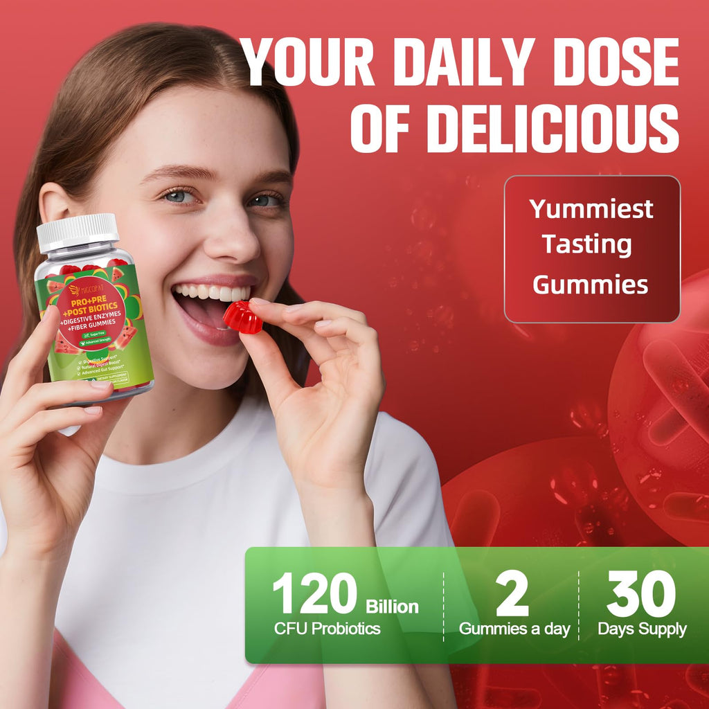 Migcopat Pre Post Probiotics Gummies, Probiotic Prebiotic Postbiotic Digestive Enzymes with Fiber, 120 Billion CFU Probiotics - Digestive Health - FENGGESTORE20