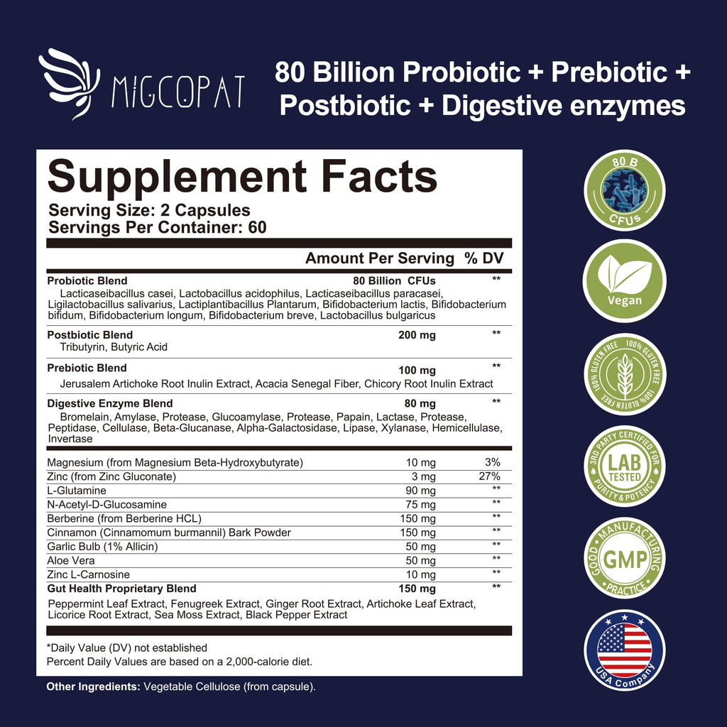 Migcopat Probiotic Prebiotic, Postbiotic & Digestive Enzymes for Digestive Health, 80 Billion CFU Probiotics Complete Gut Support with Berberine, Cinnamon, L-Glutamine - FENGGESTORE20