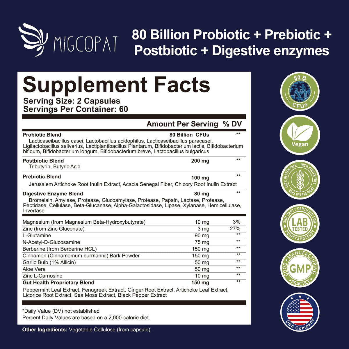 Migcopat Probiotic Prebiotic, Postbiotic & Digestive Enzymes for Digestive Health, 80 Billion CFU Probiotics Complete Gut Support with Berberine, Cinnamon, L-Glutamine - FENGGESTORE20