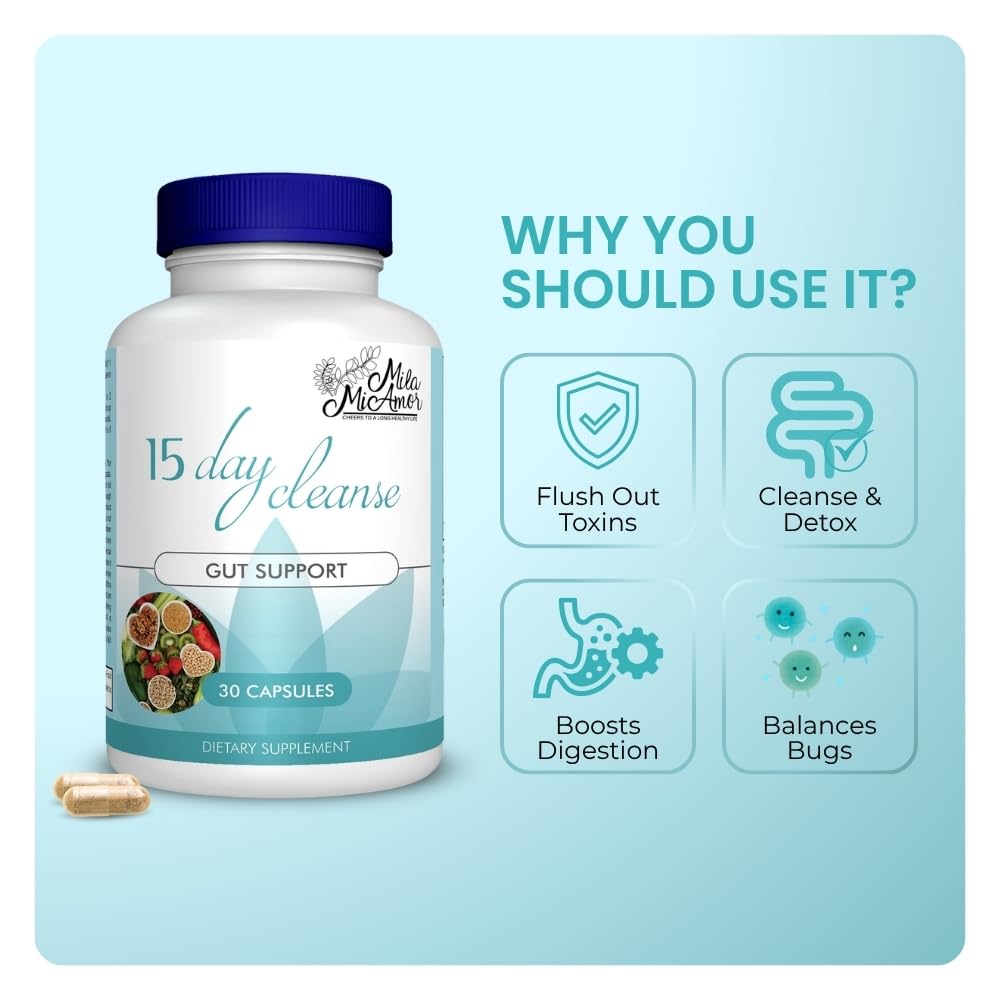 Mila Miamor 15 Day Cleanse - Gut and Colon Support - Advanced Gut Cleanse Detox for Women & Men with Senna, Cascara Sagrada & Psyllium Husk - Non-GMO - Made in USA - 30 Capsules - FENGGESTORE20