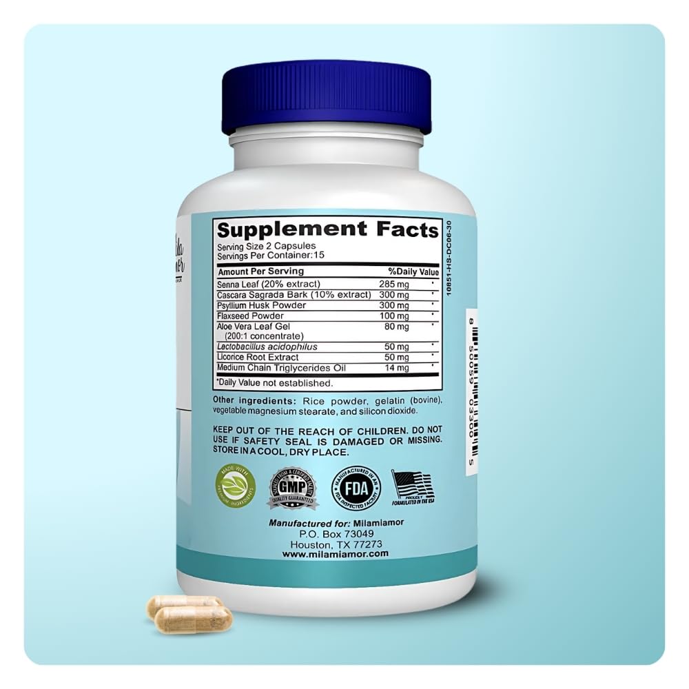 Mila Miamor 15 Day Cleanse - Gut and Colon Support - Advanced Gut Cleanse Detox for Women & Men with Senna, Cascara Sagrada & Psyllium Husk - Non-GMO - Made in USA - 30 Capsules - FENGGESTORE20