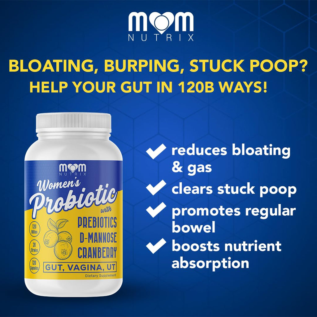 MOM NUTRIX Probiotic for Women - Vaginal, Gut, UT, pH Balance, Feminine & Digestive Health - Prebiotics with Probiotics, Cranberry, D-mannose - Bifidobacterium and Lactobacillus - 120 Capsules - FENGGESTORE20